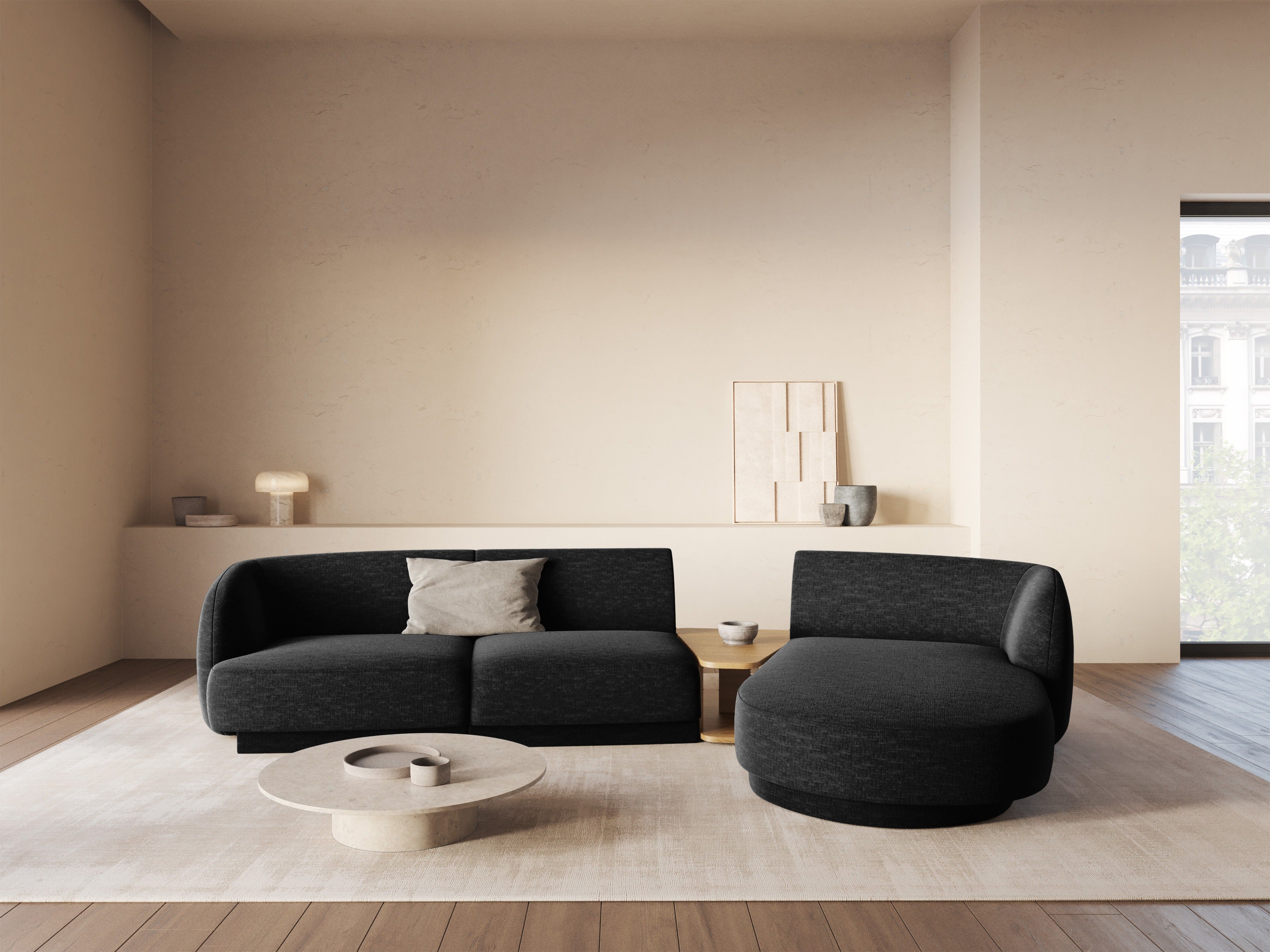 Modular corner sofa with table 3-seater right-hand MILEY black chenille
