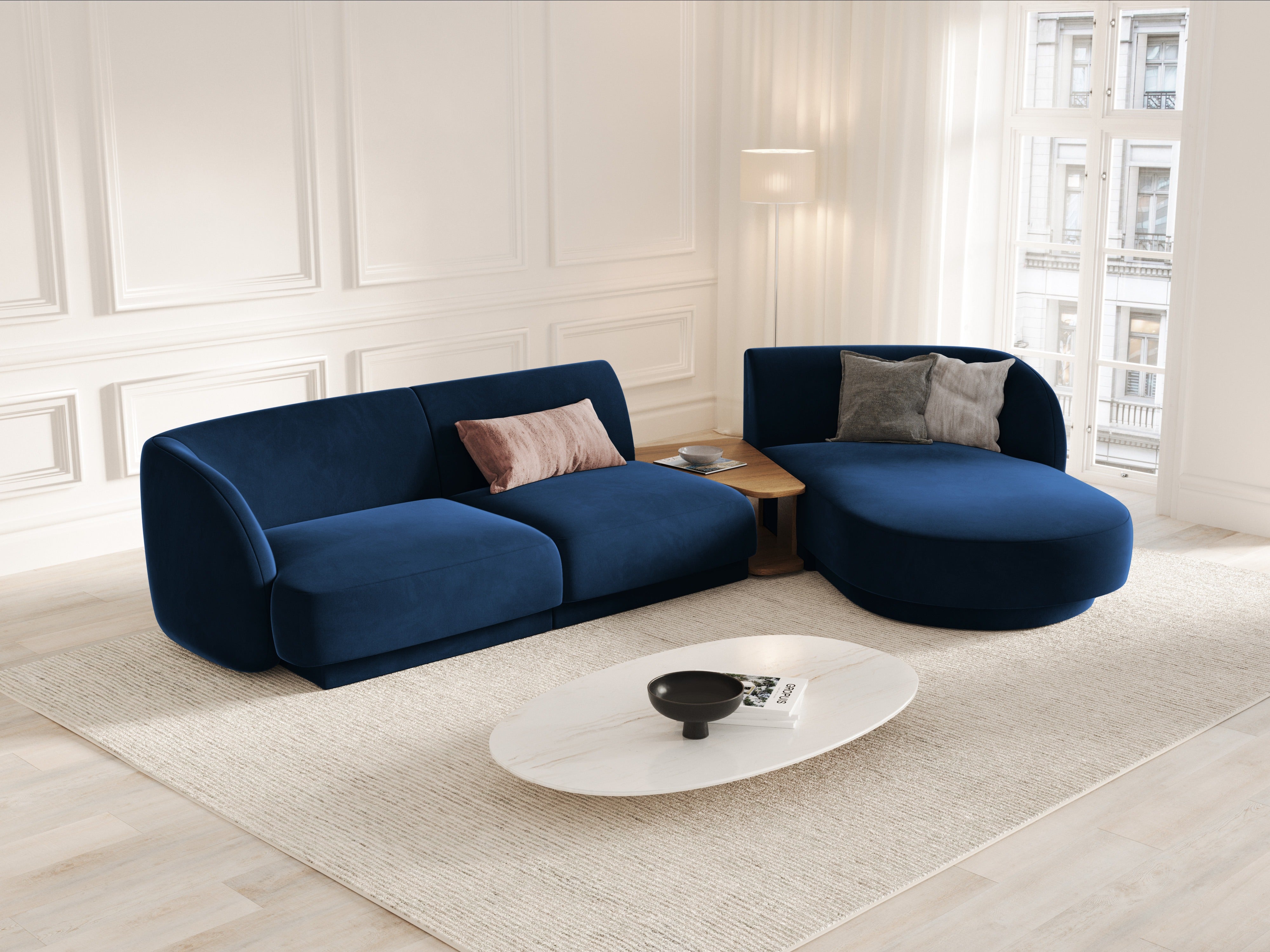 Modular corner sofa with table, 3-seater, right-facing, velvet MILEY in royal blue