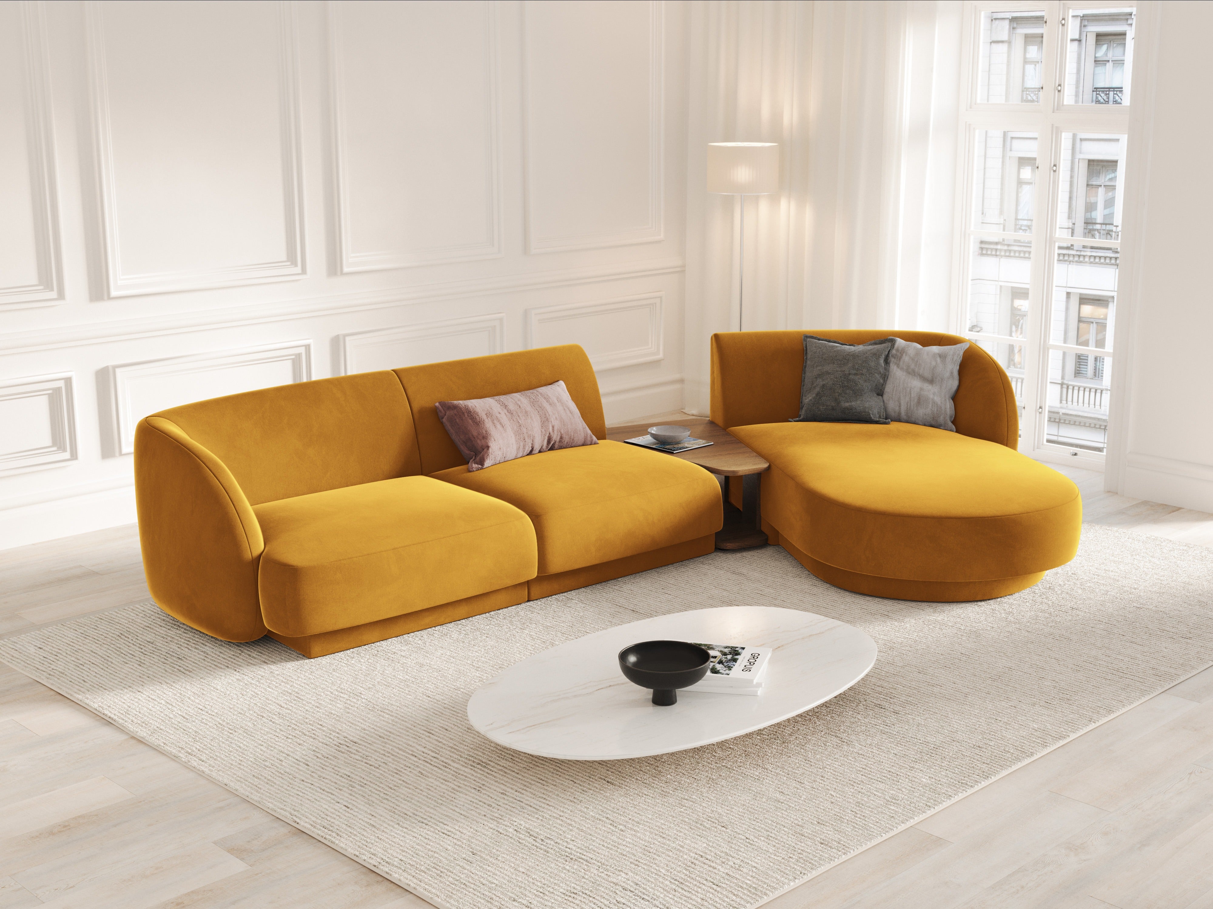 Modulares Ecksofa mit Tisch, 3-Sitzer, rechtsseitig, samtig, MILEY, gelb
