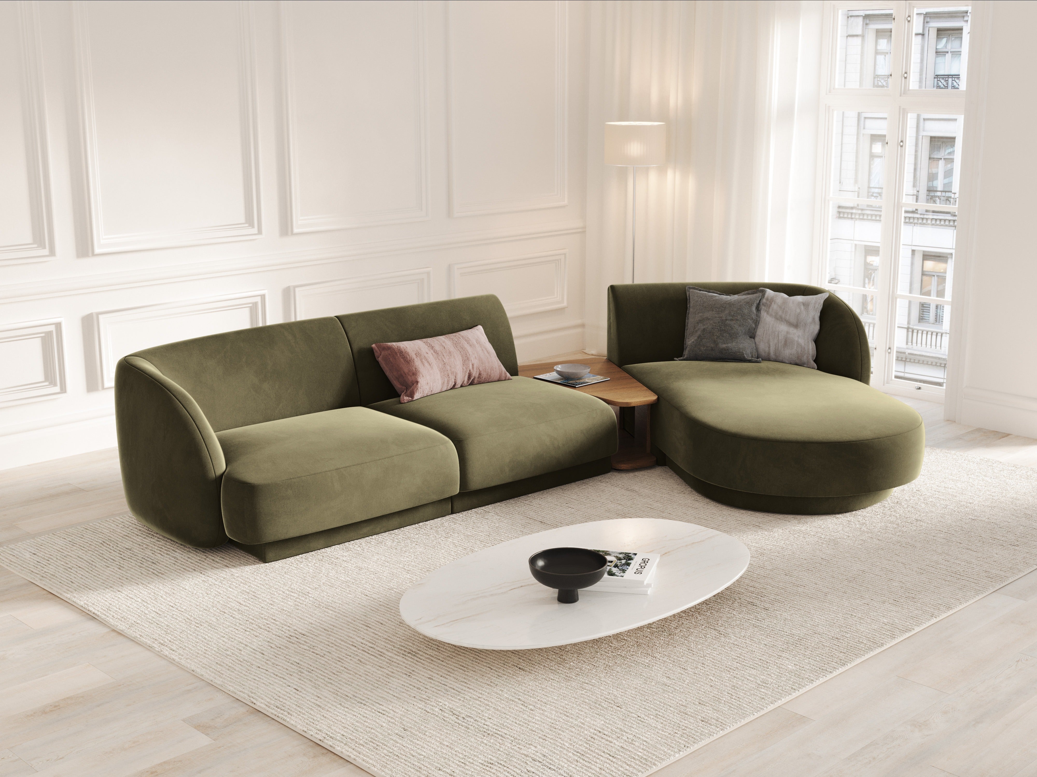 Modular corner sofa with table 3-seater right-facing velvet MILEY green