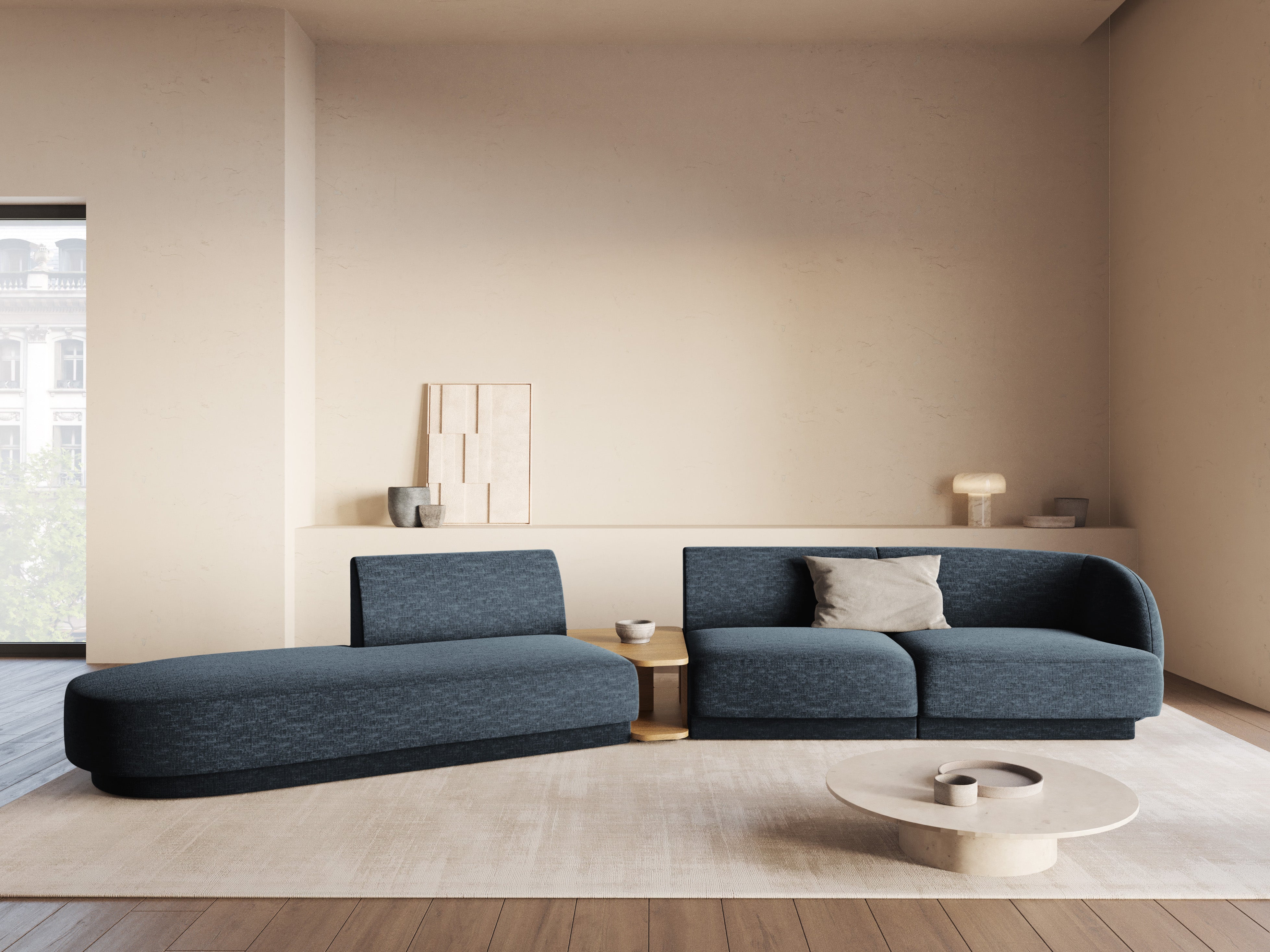 Modulares Sofa links mit Tisch für 4 Personen MILEY königsblau schimmerndes Chenille