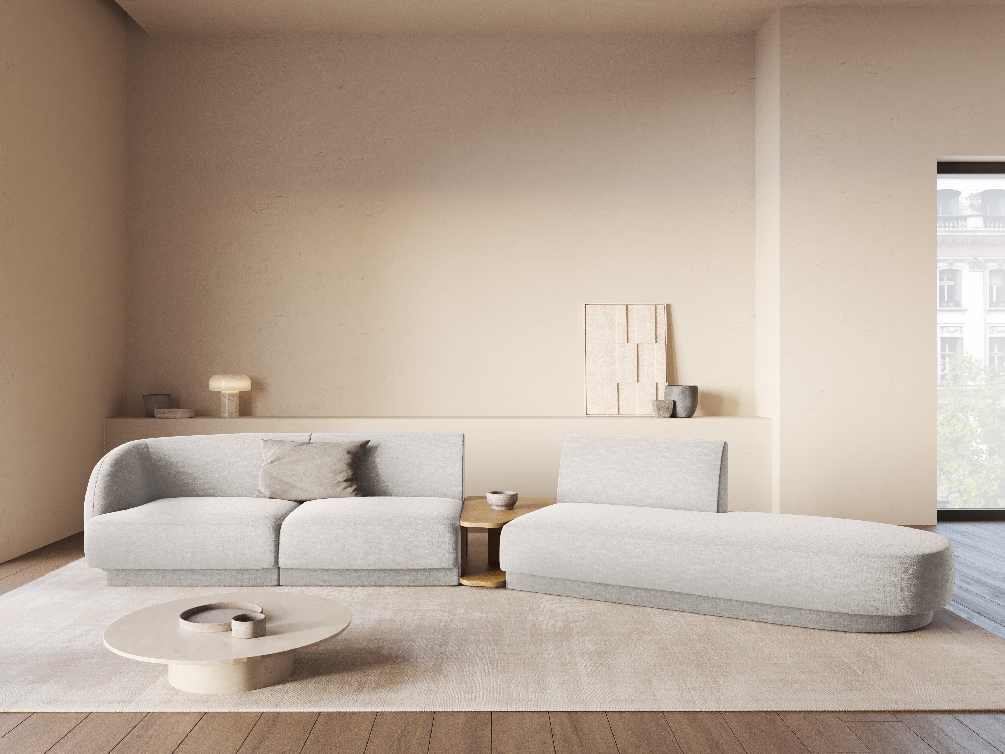 Right-facing modular sofa with table for 4 people MILEY light gray silky chenille