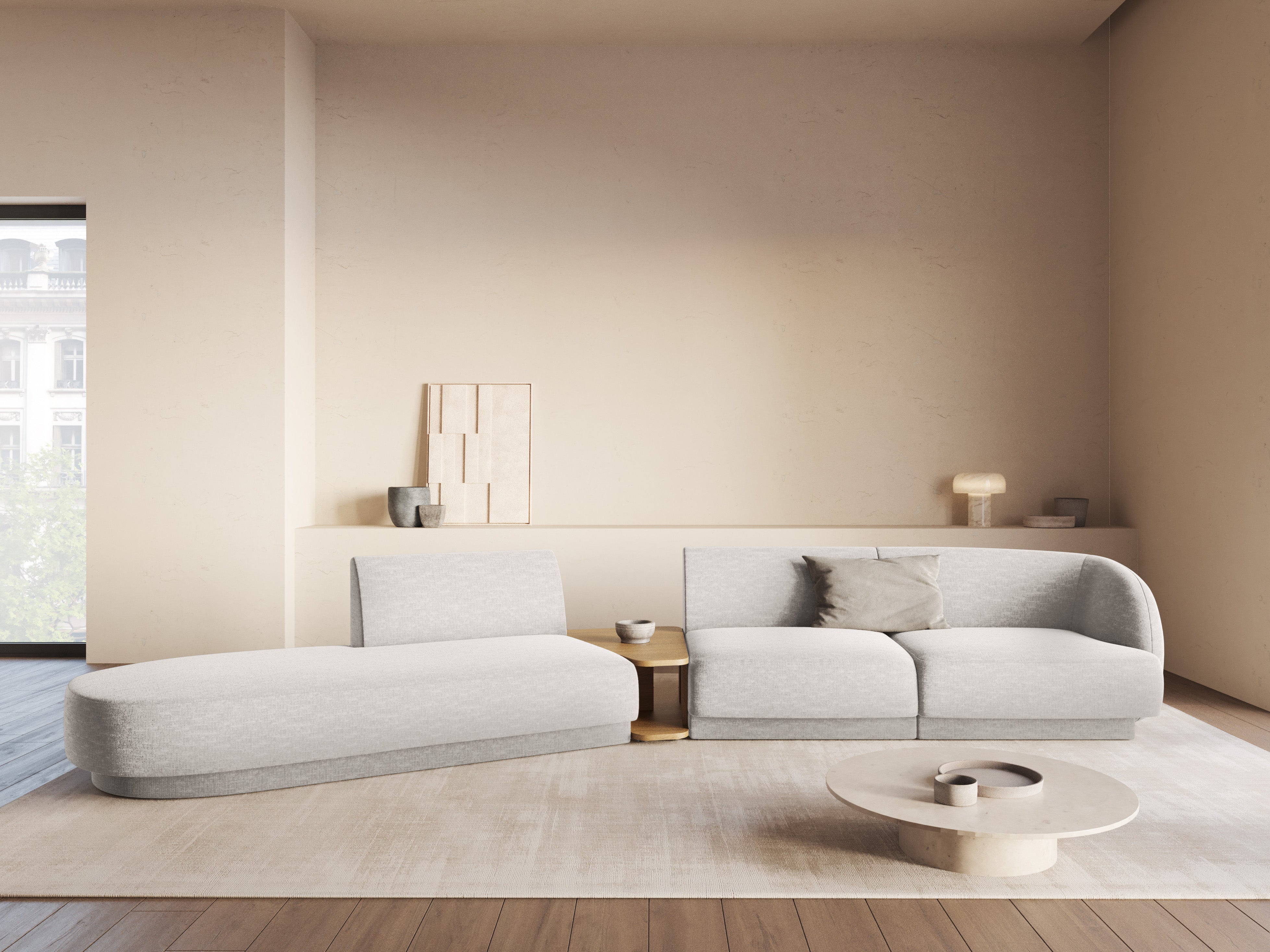 Left-facing modular sofa with table for 4 people MILEY light gray boucle
