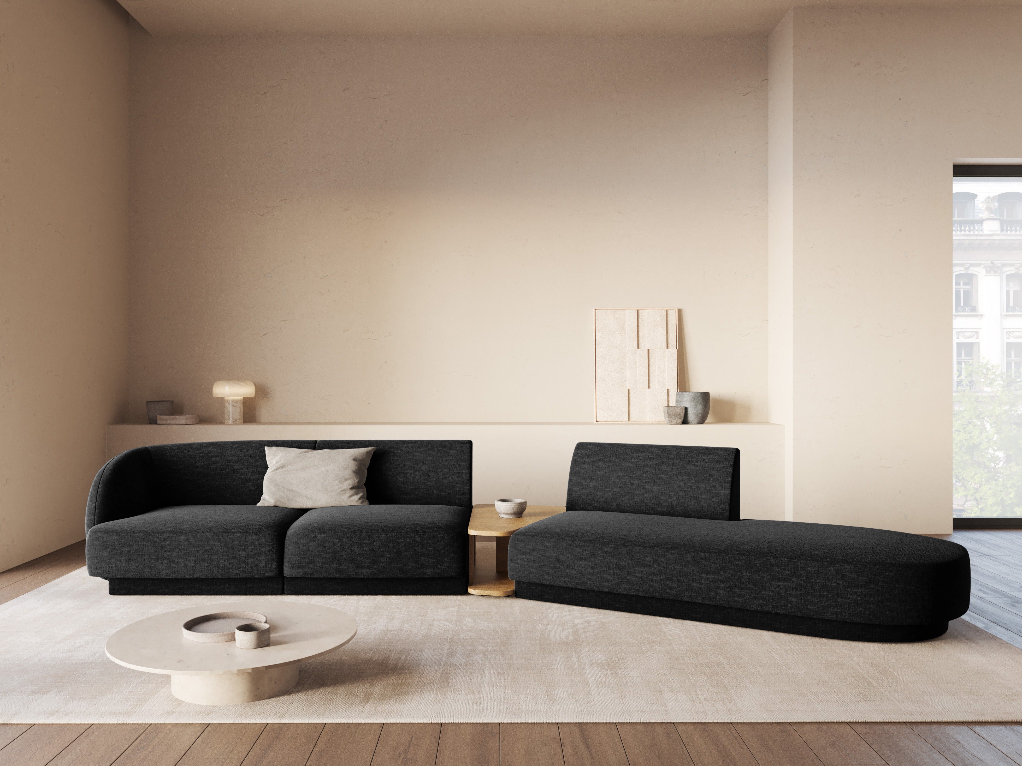 Modulares Sofa mit Tisch, 4-Sitzer, rechtsseitig, MILEY, schwarzer Chenille, seidig