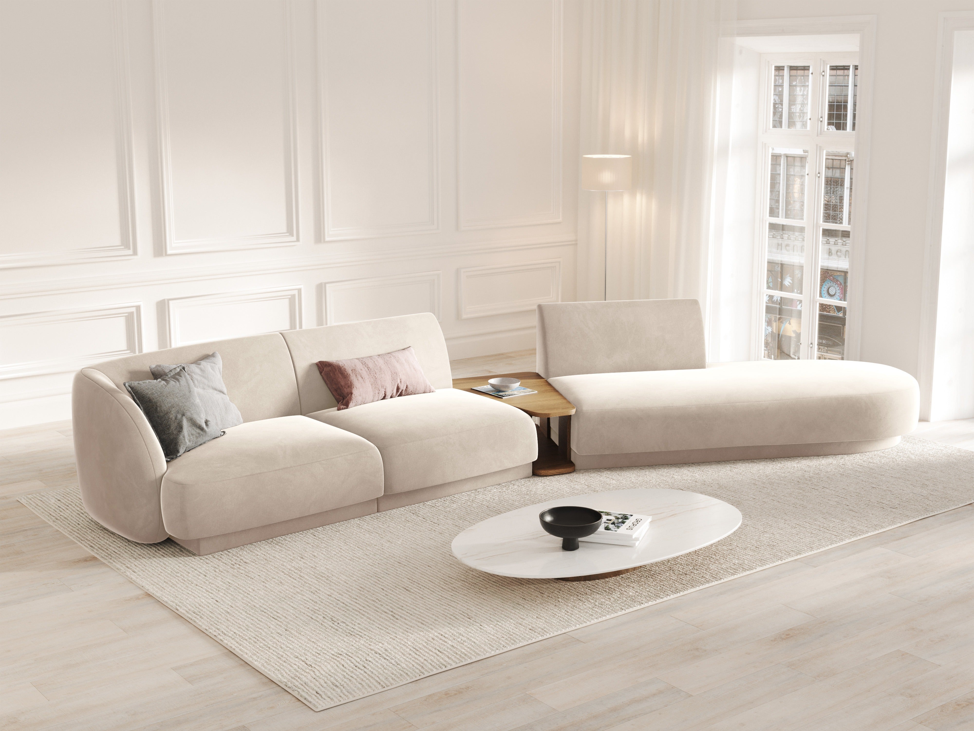 Modulares Sofa mit Tisch, 4-Sitzer, Samt MILEY in hellbeige, rechtsseitig
