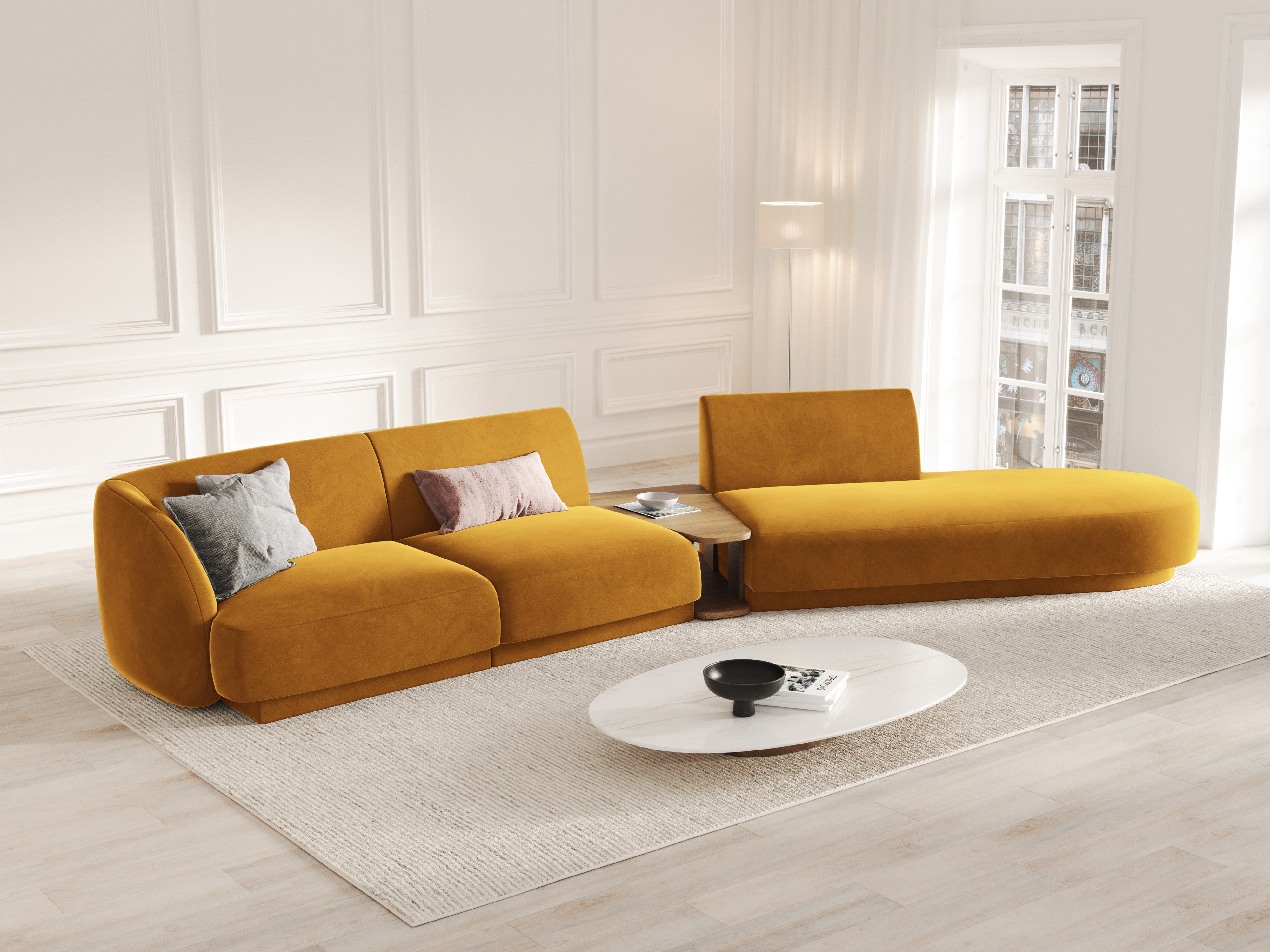 Modularsofa rechtsseitig mit Tisch, 4-sitzig, samtig, MILEY, gelb