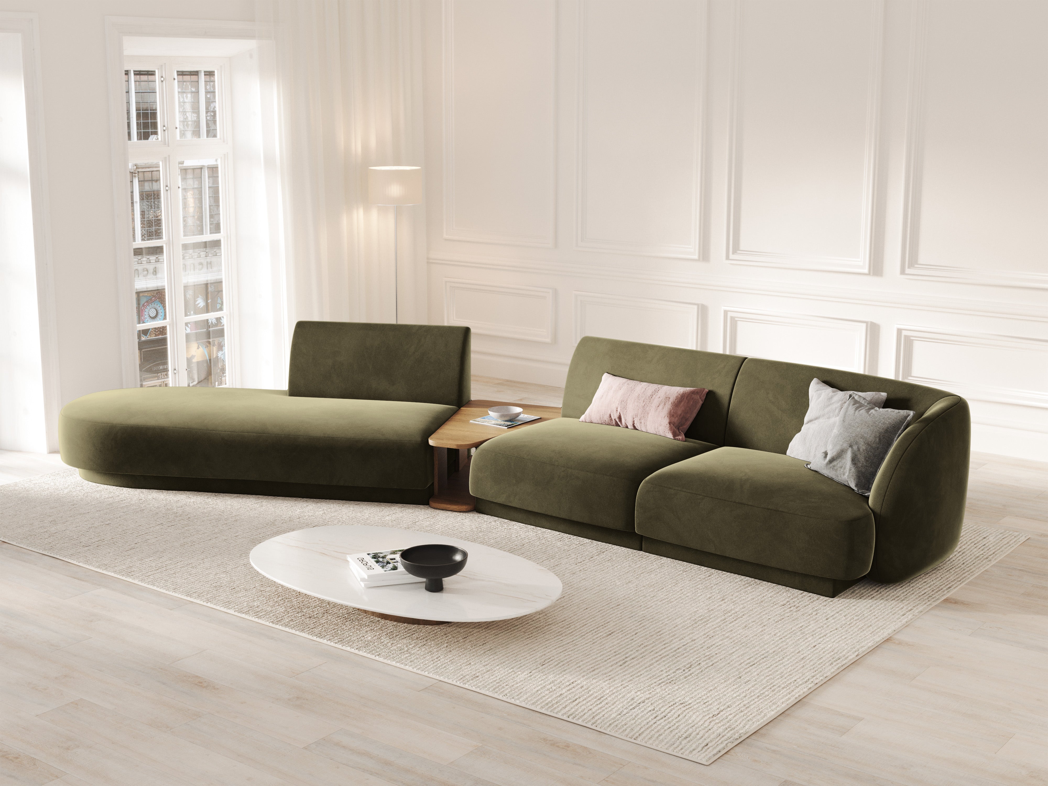 Modulares Sofa links mit Tisch, 4-sitzig, samtig, MILEY, grün