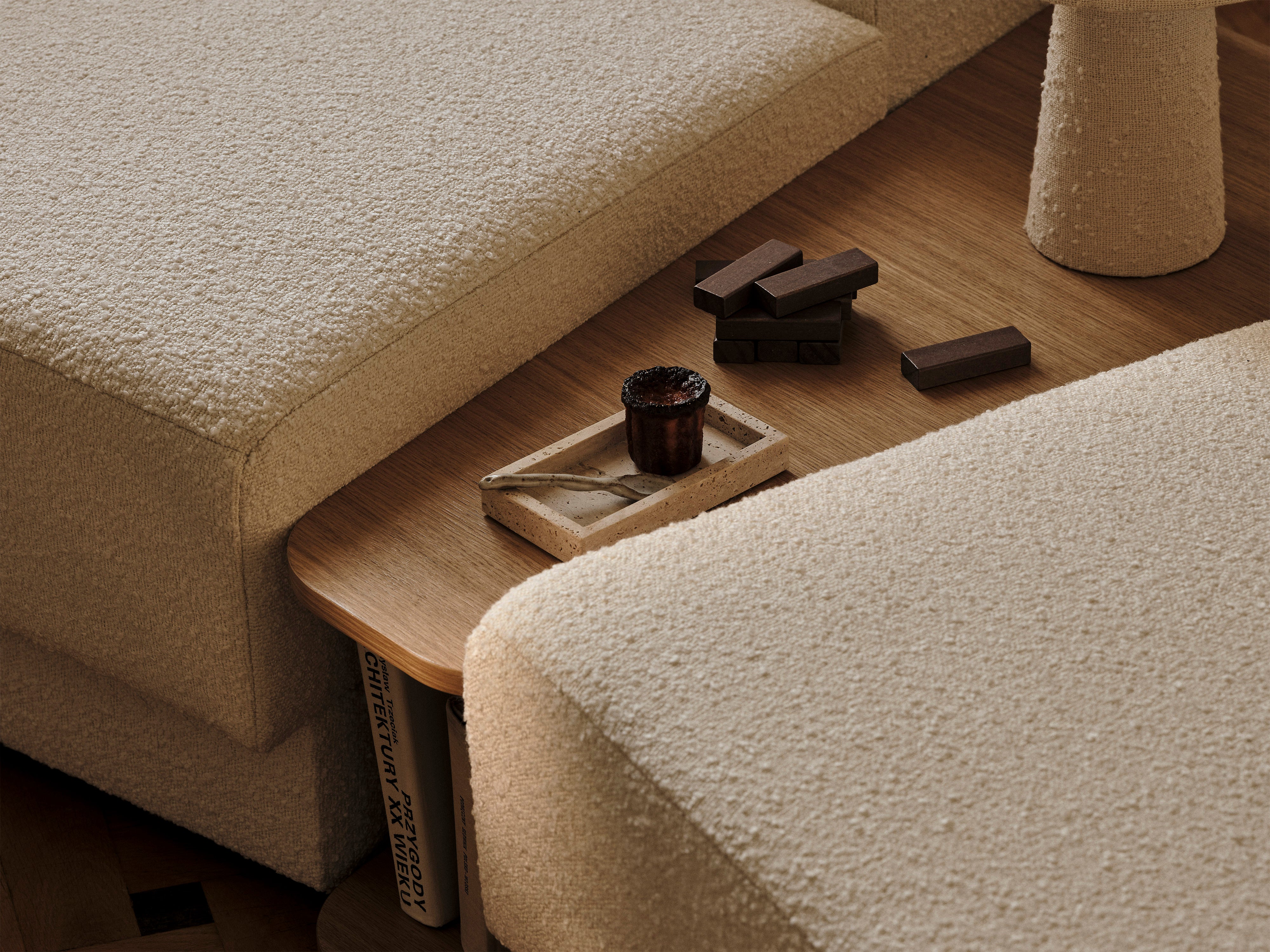 Modular corner sofa with table 3-seater right-facing MILEY green boucle