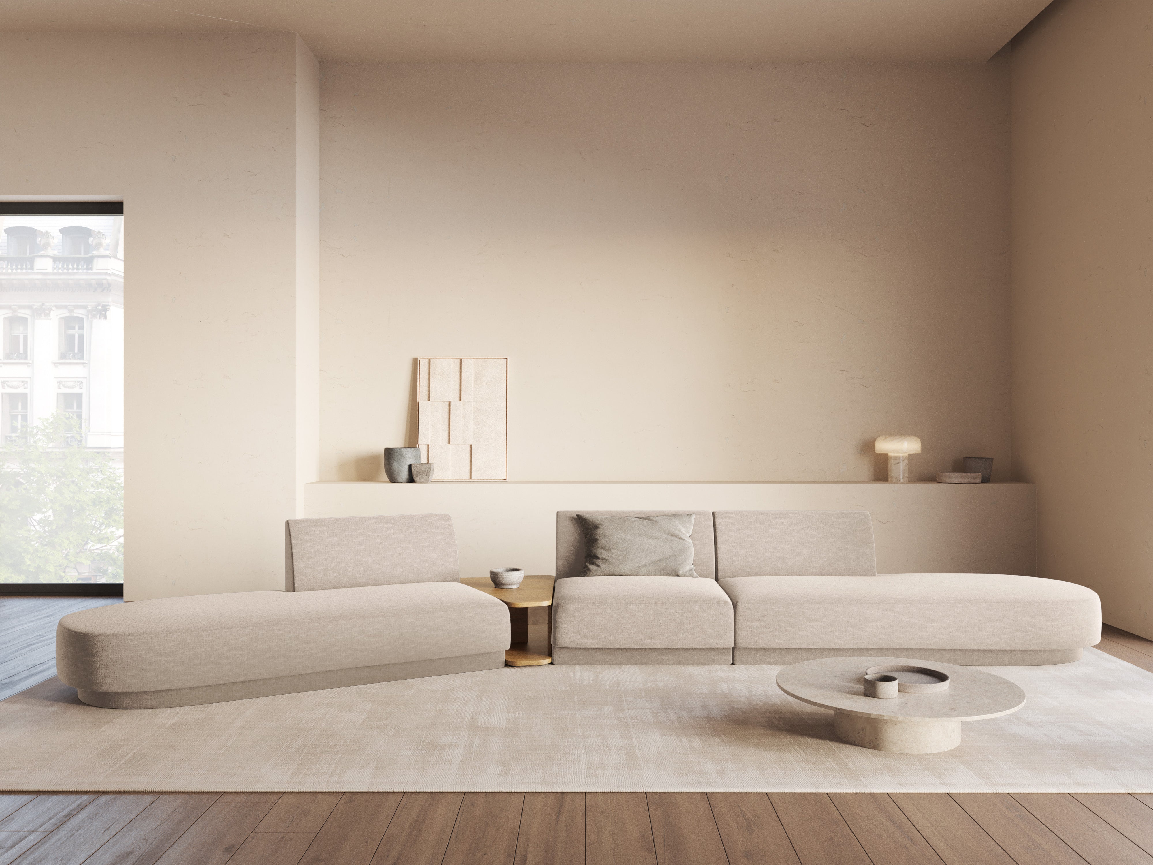 Modulares Sofa links mit Tisch für 5 Personen MILEY beige schimmernder Chenille