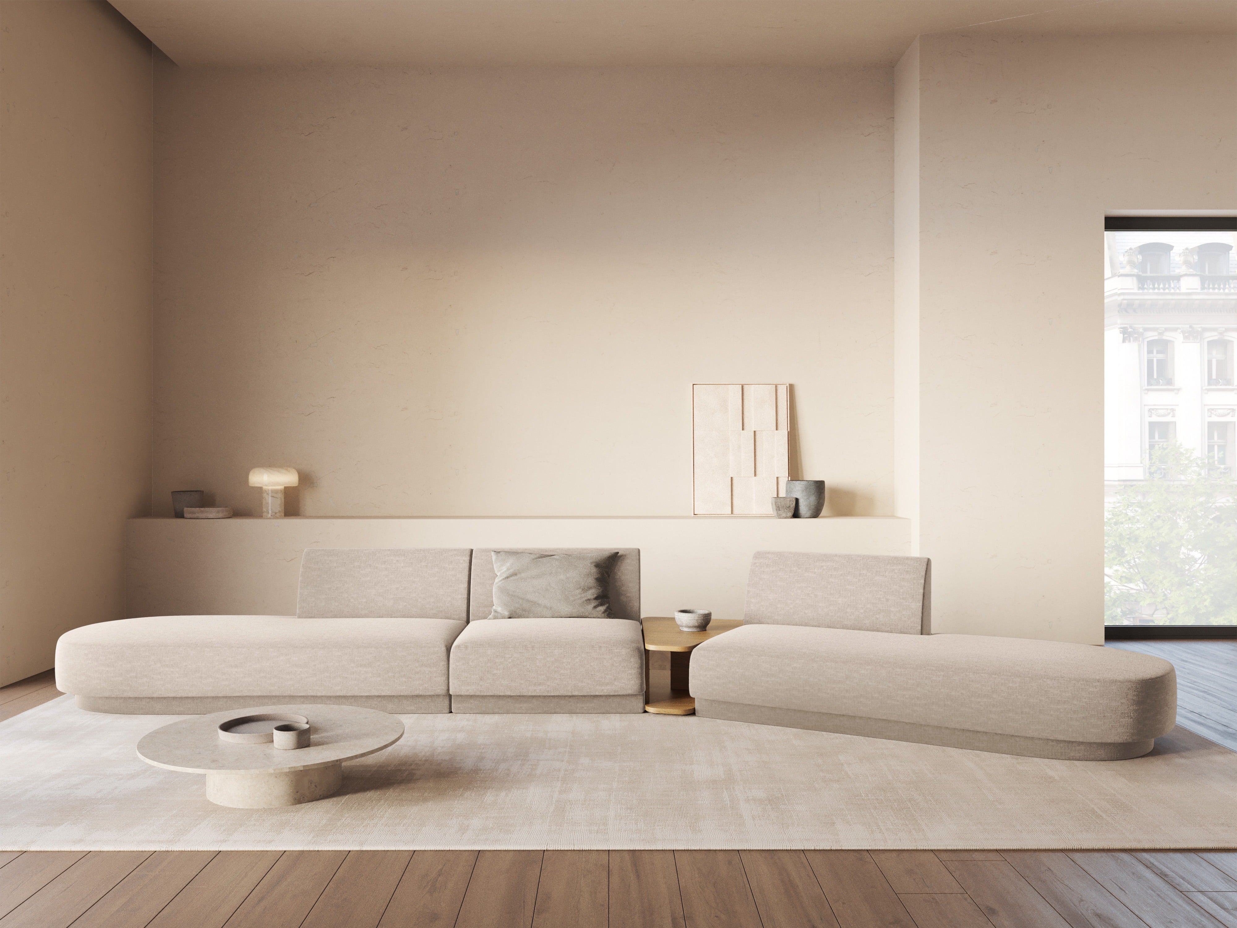 Modularsofa rechtsseitig mit Tisch für 5 Personen MILEY beige schimmerndes Chenille