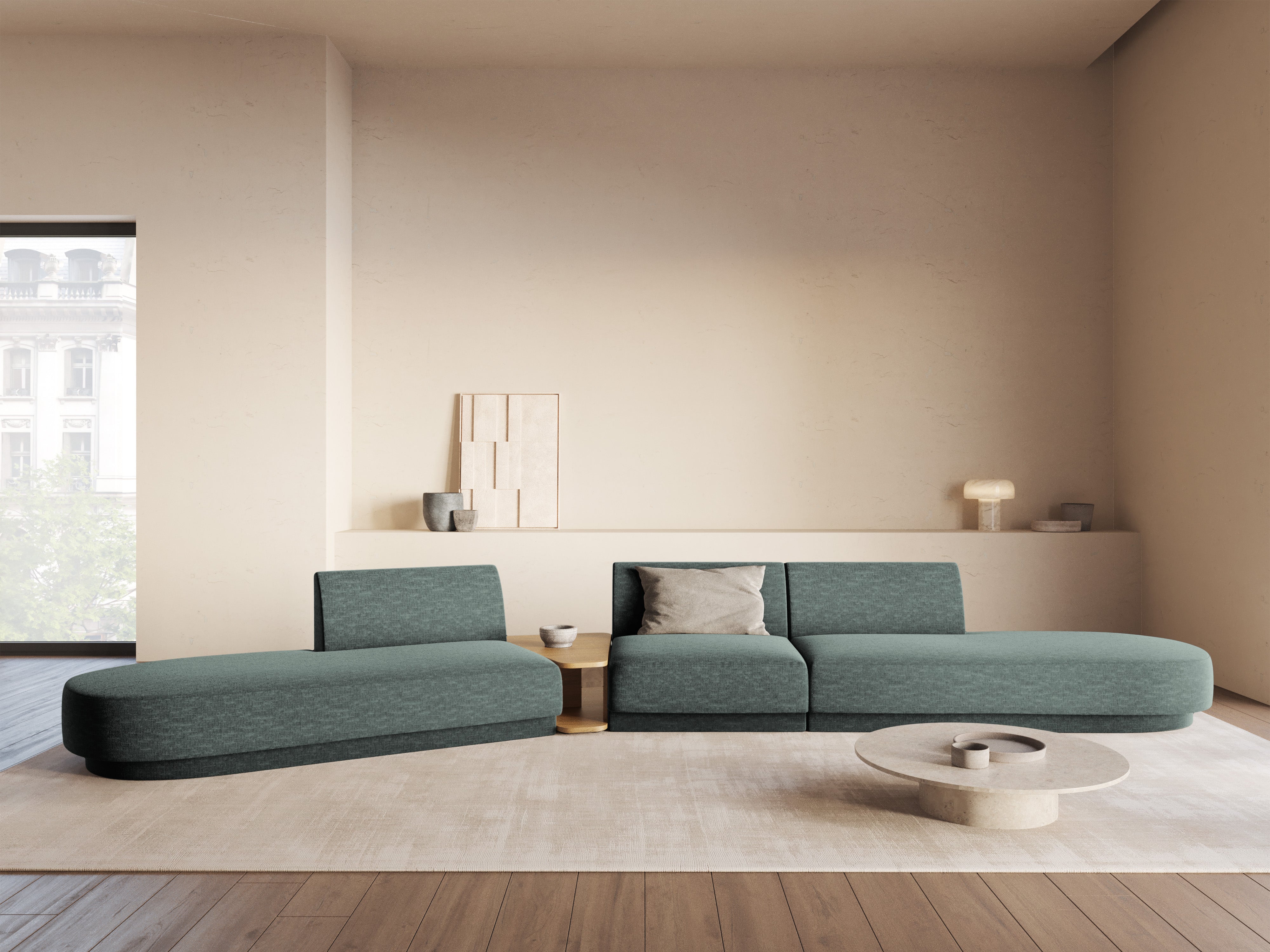 Modulares Sofa links mit Tisch für 5 Personen MILEY petrol samtig