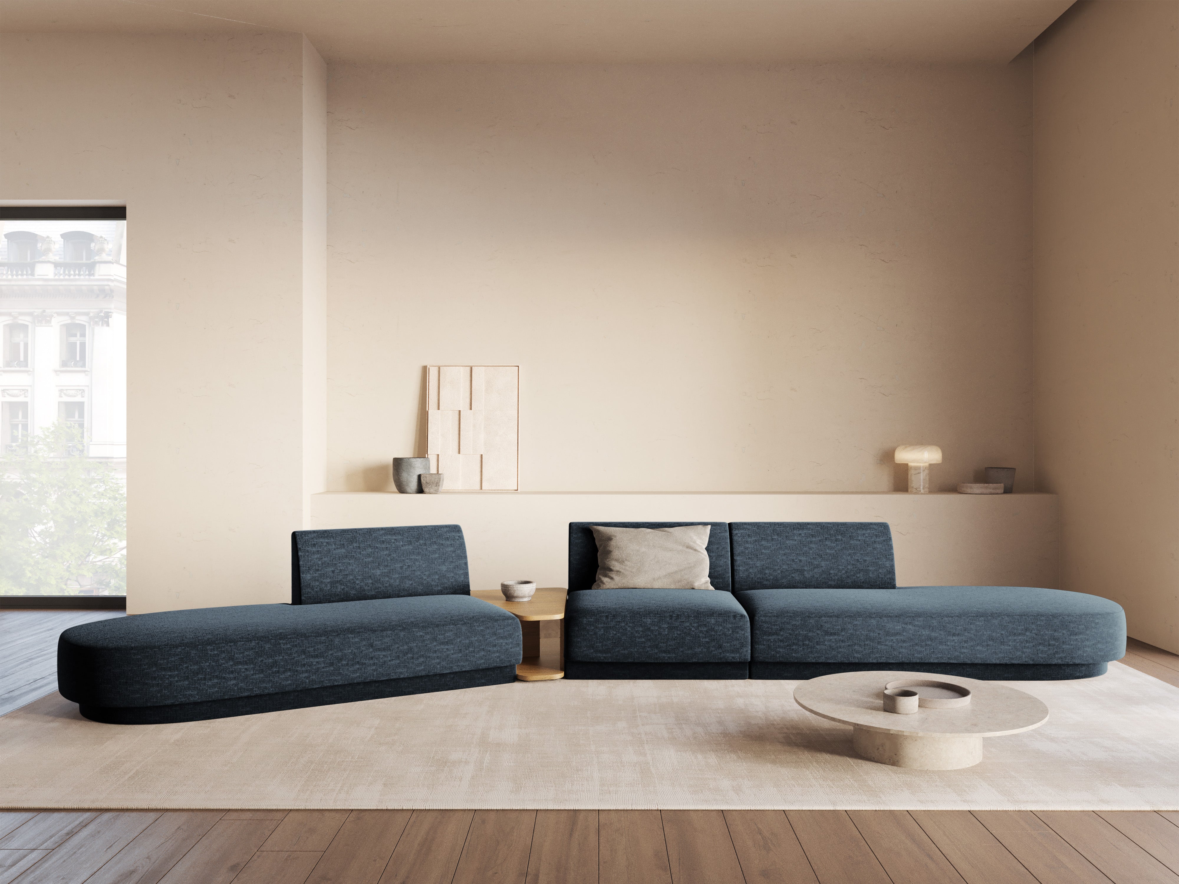 Modulares Sofa links mit Tisch für 5 Personen MILEY königsblau schimmerndes Chenille