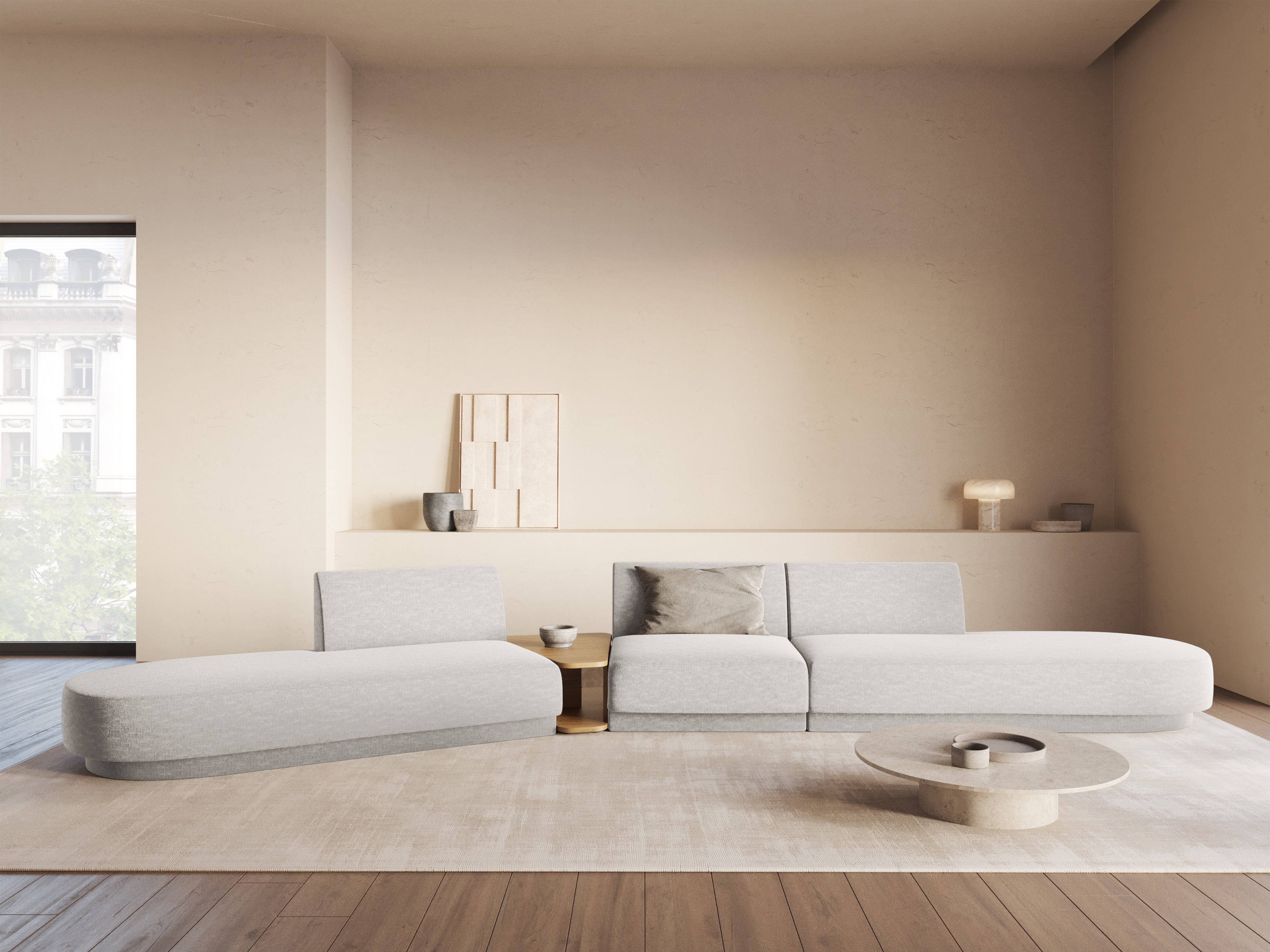 Modulares Sofa links mit Tisch für 5 Personen MILEY hellgraues schimmerndes Chenille