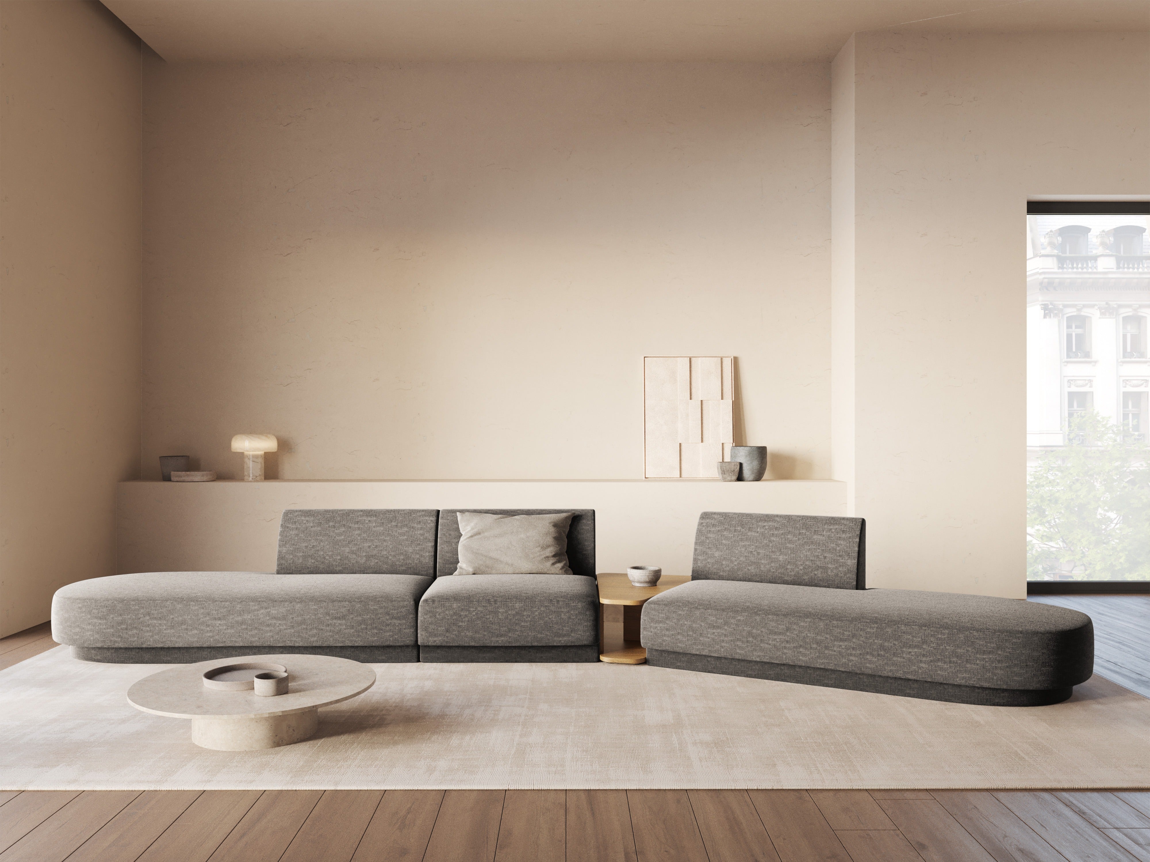 Modulares Sofa mit Tisch, 5-Sitzer MILEY, graues schimmerndes Chenille