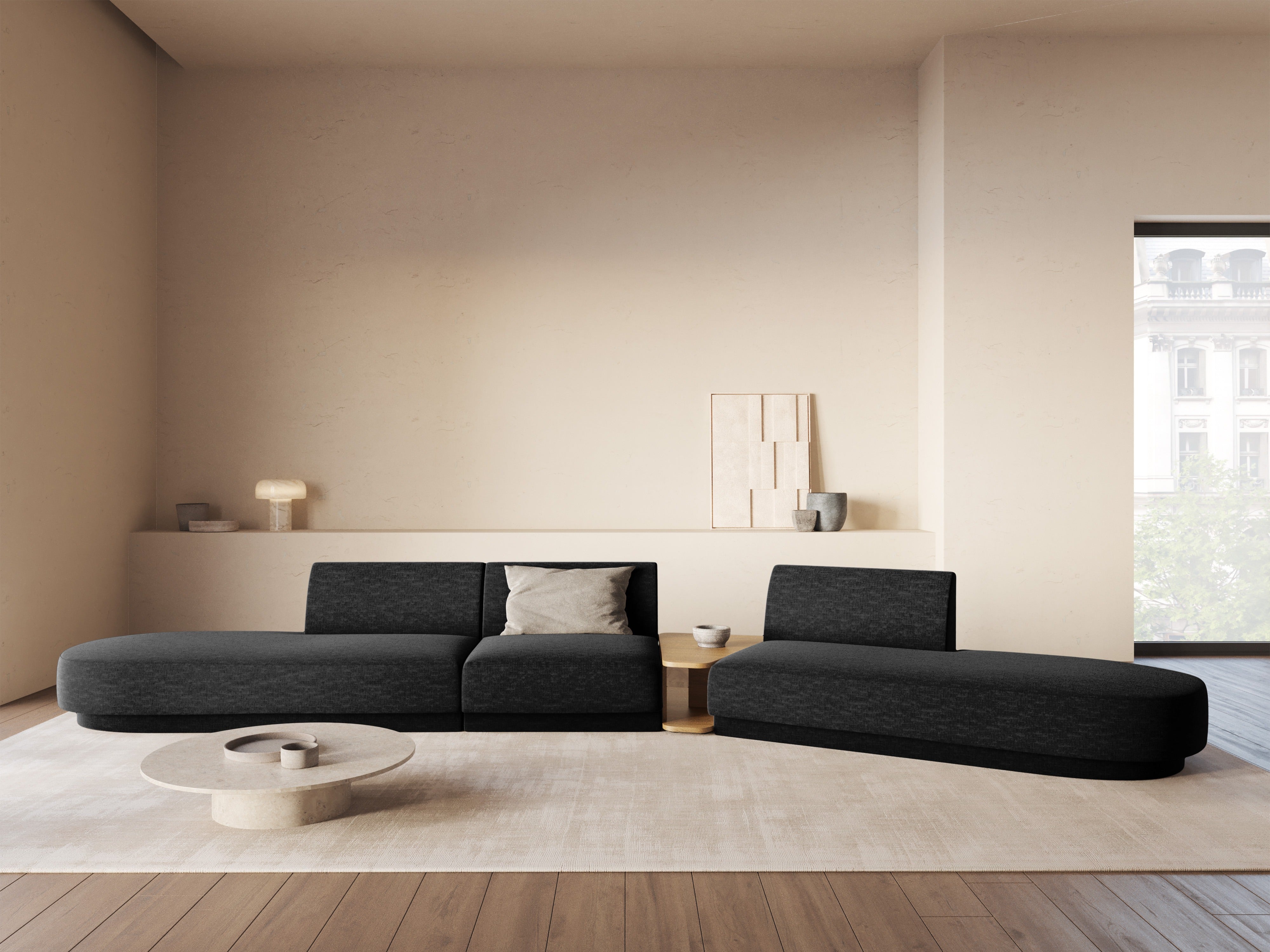 Modulares Sofa mit Tisch, 5-Sitzer MILEY, schwarzer schimmernder Chenille