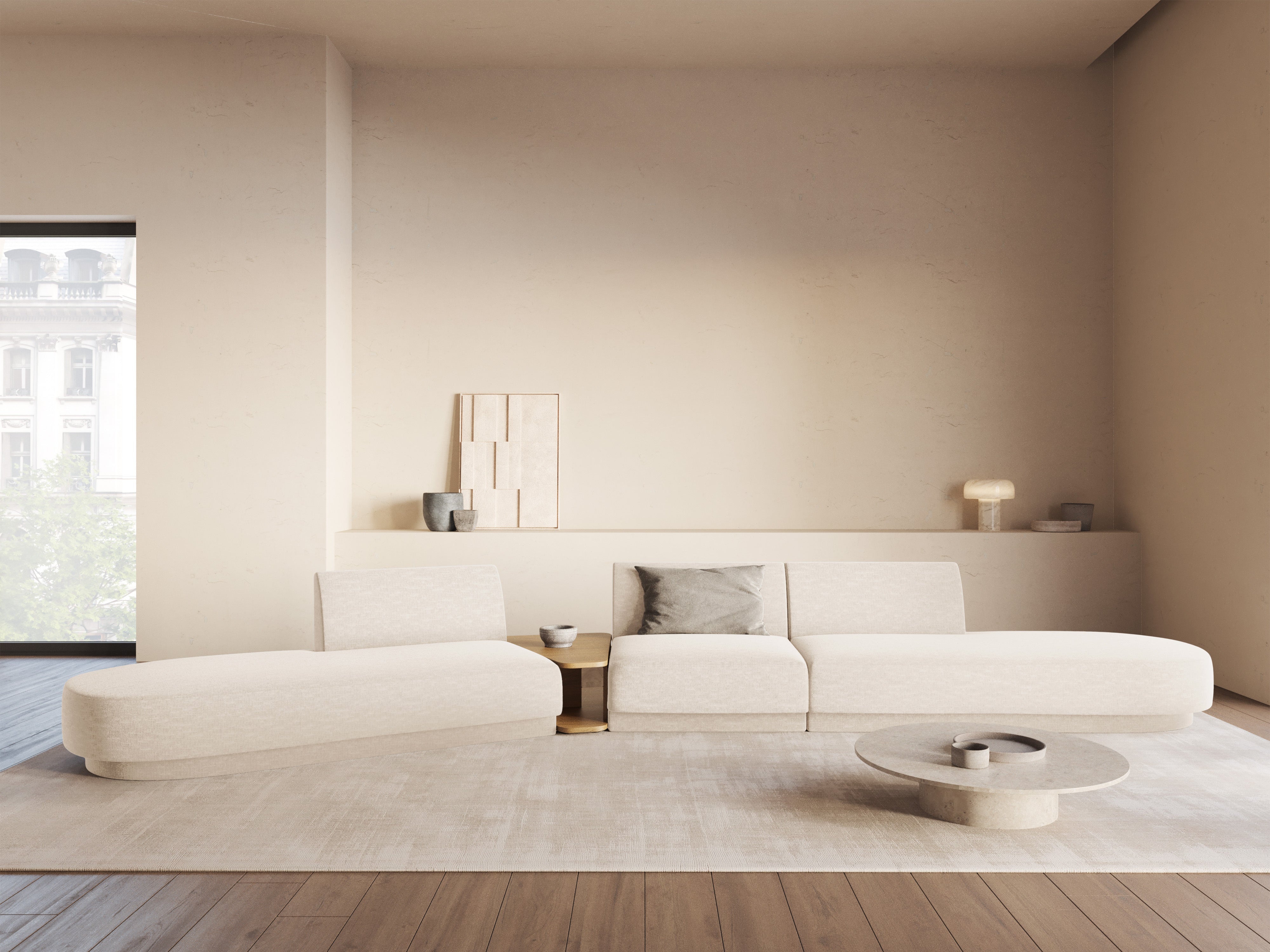 Modulares Sofa links mit Tisch für 5 Personen MILEY Elfenbein Chenille