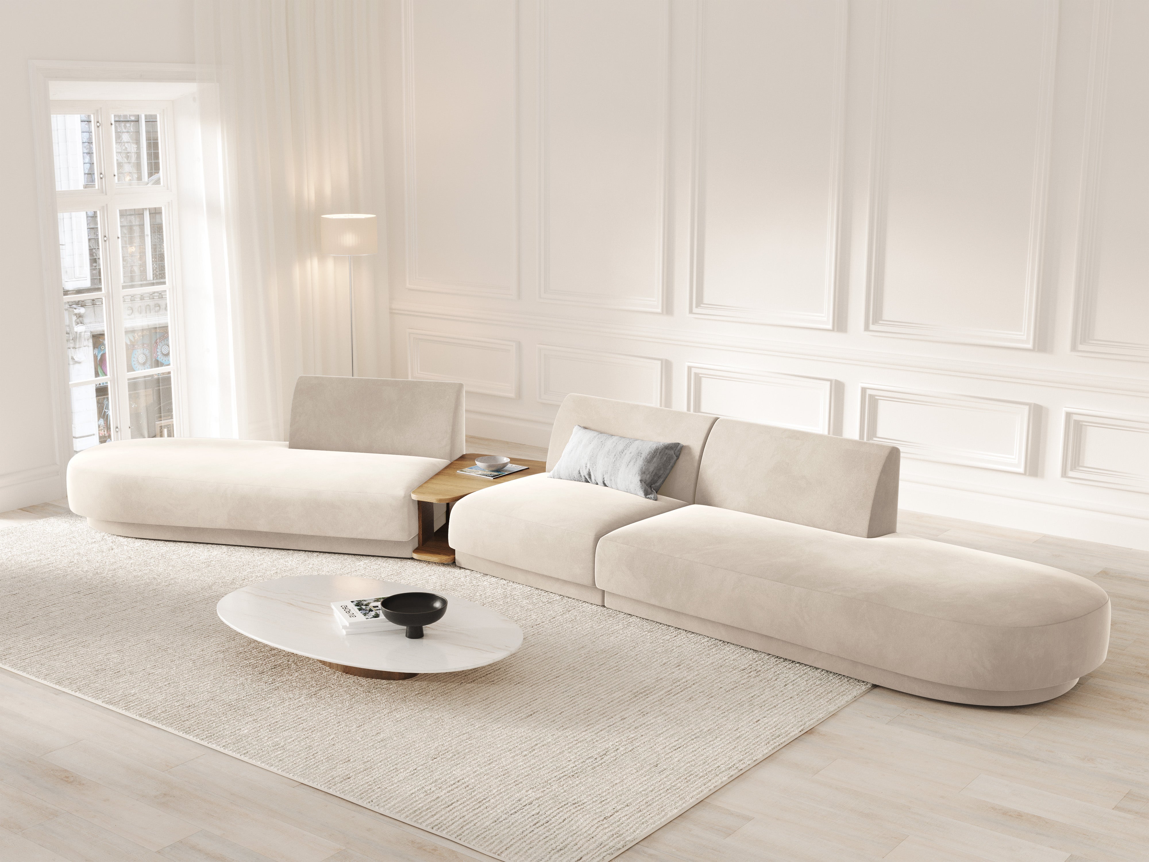 Modulares Sofa links mit Tisch, 5-sitzig, samt MILEY in hellbeige