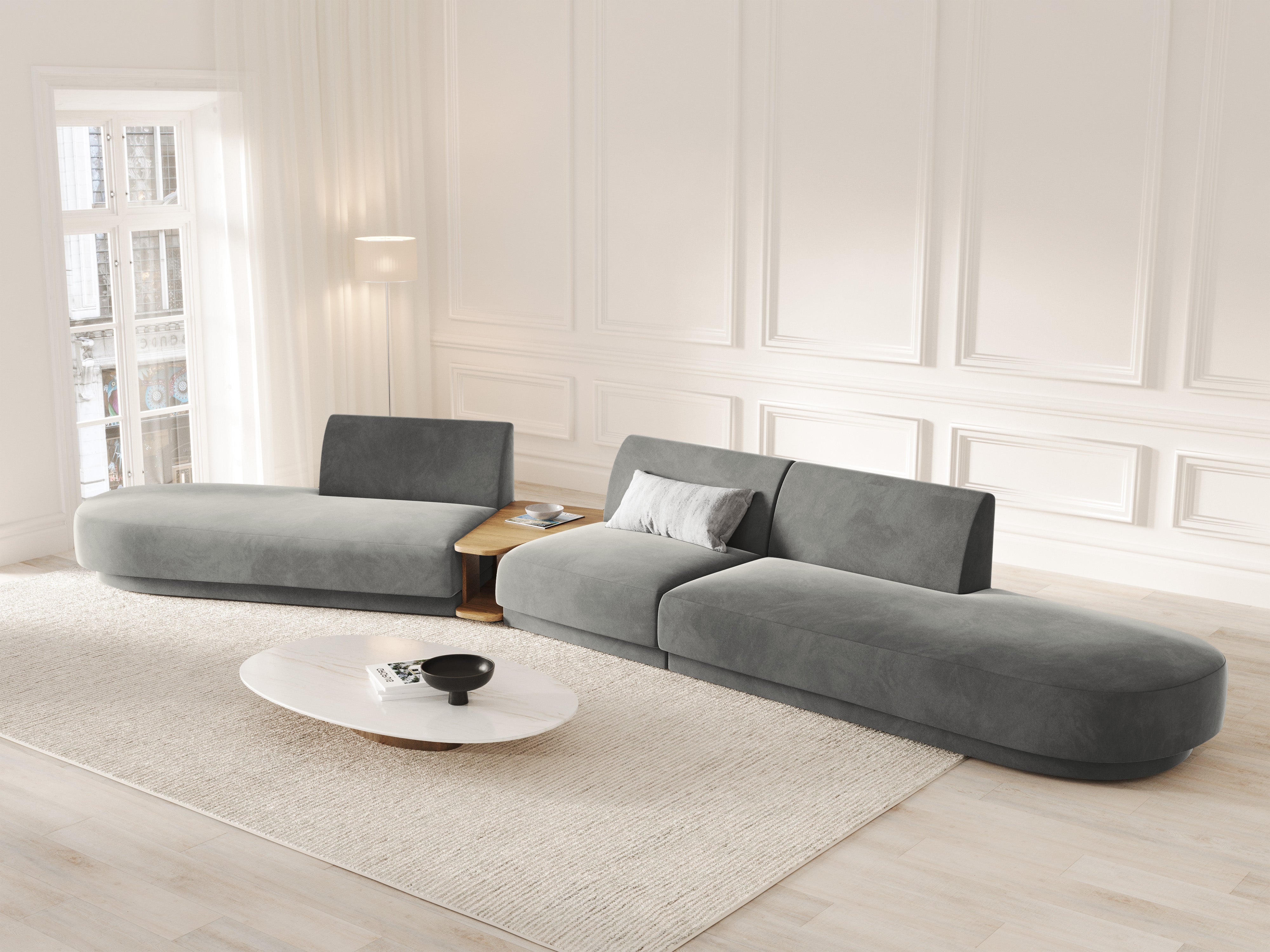 Modulares Sofa links mit Tisch für 5 Personen, samtig, MILEY, hellgrau