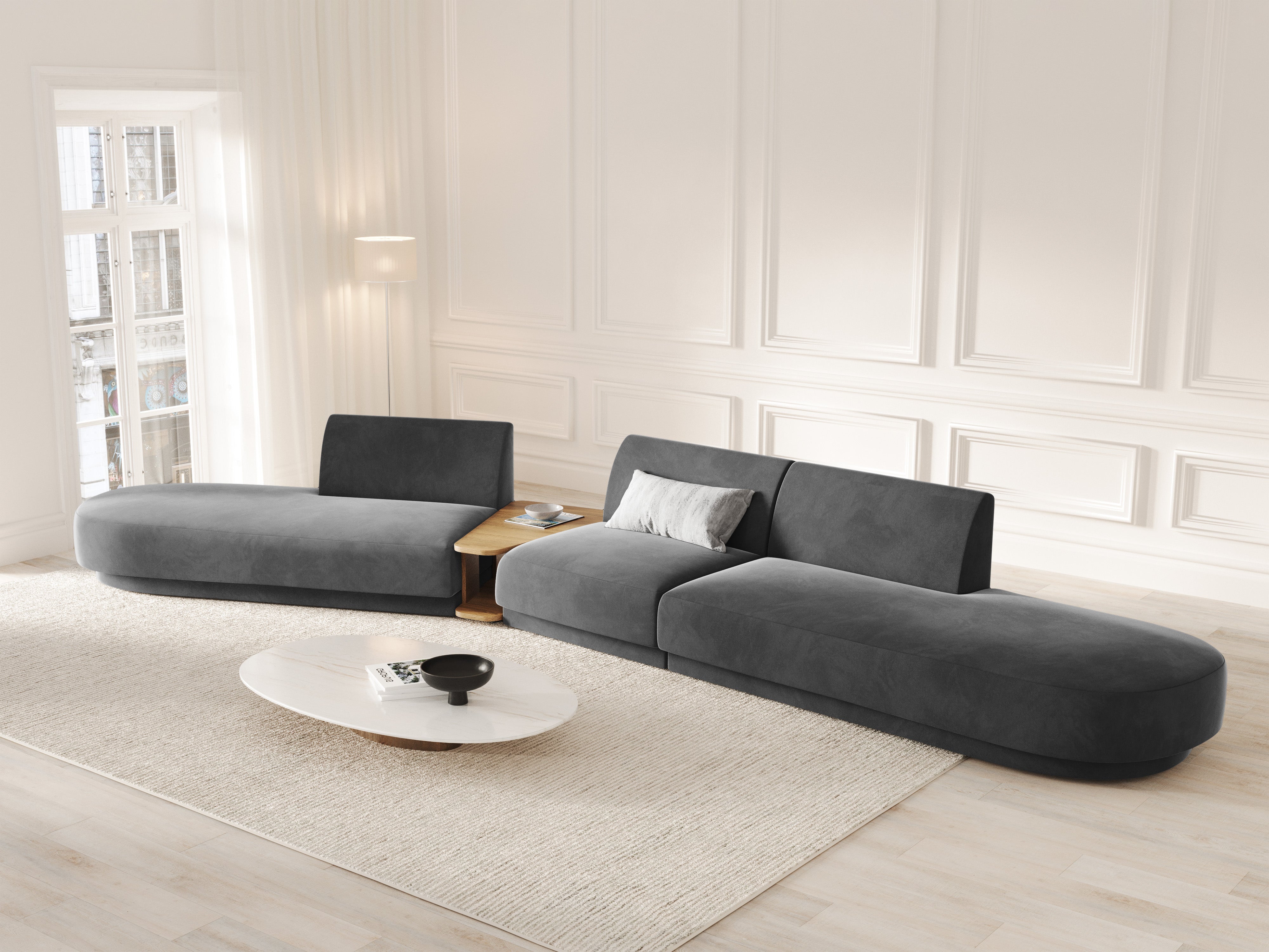 Modulares Sofa links mit Tisch, 5-sitzig, samtig MILEY grau