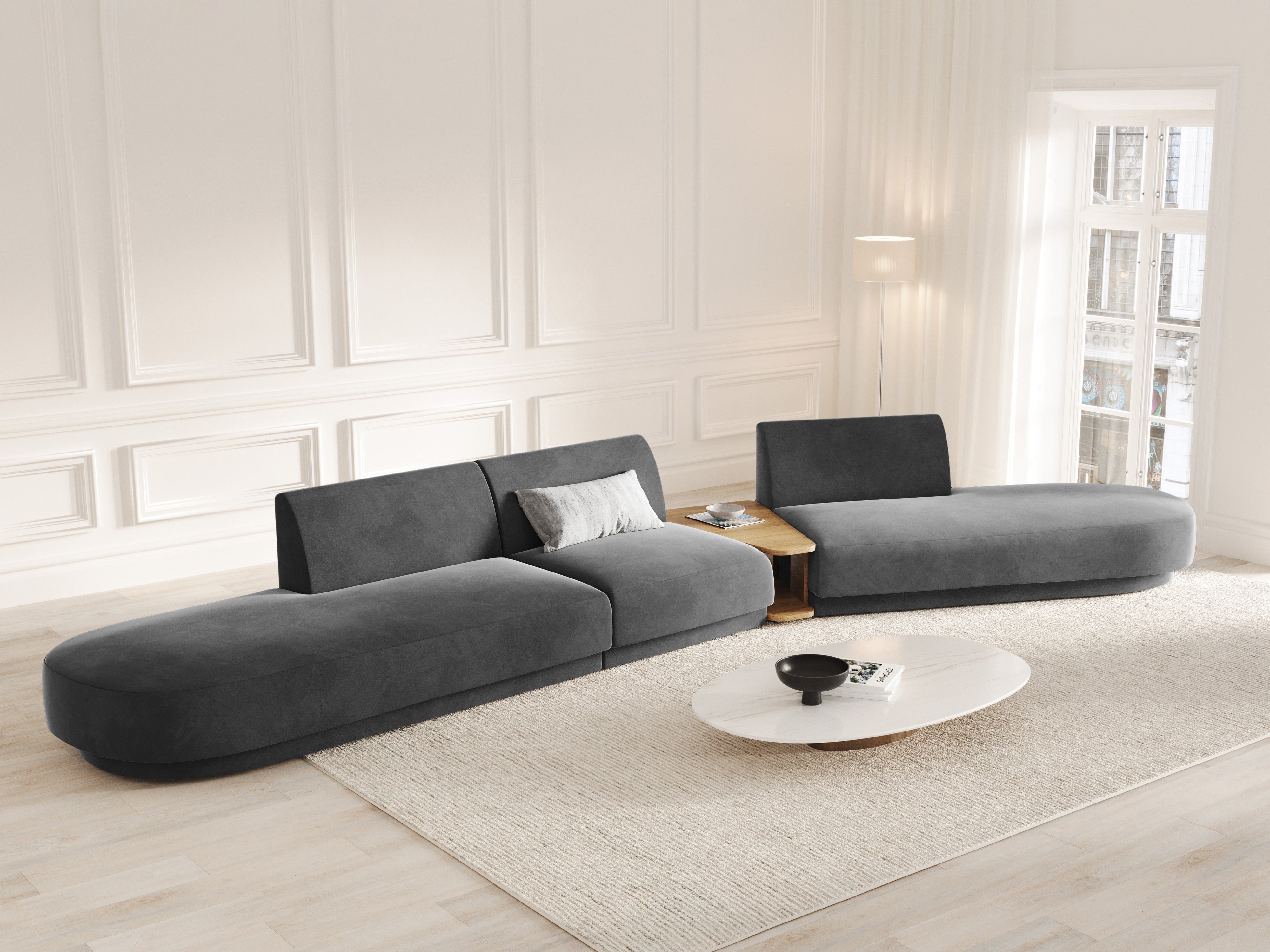 Modularsofa rechtsseitig mit Tisch, 5-sitzig, samtig MILEY grau