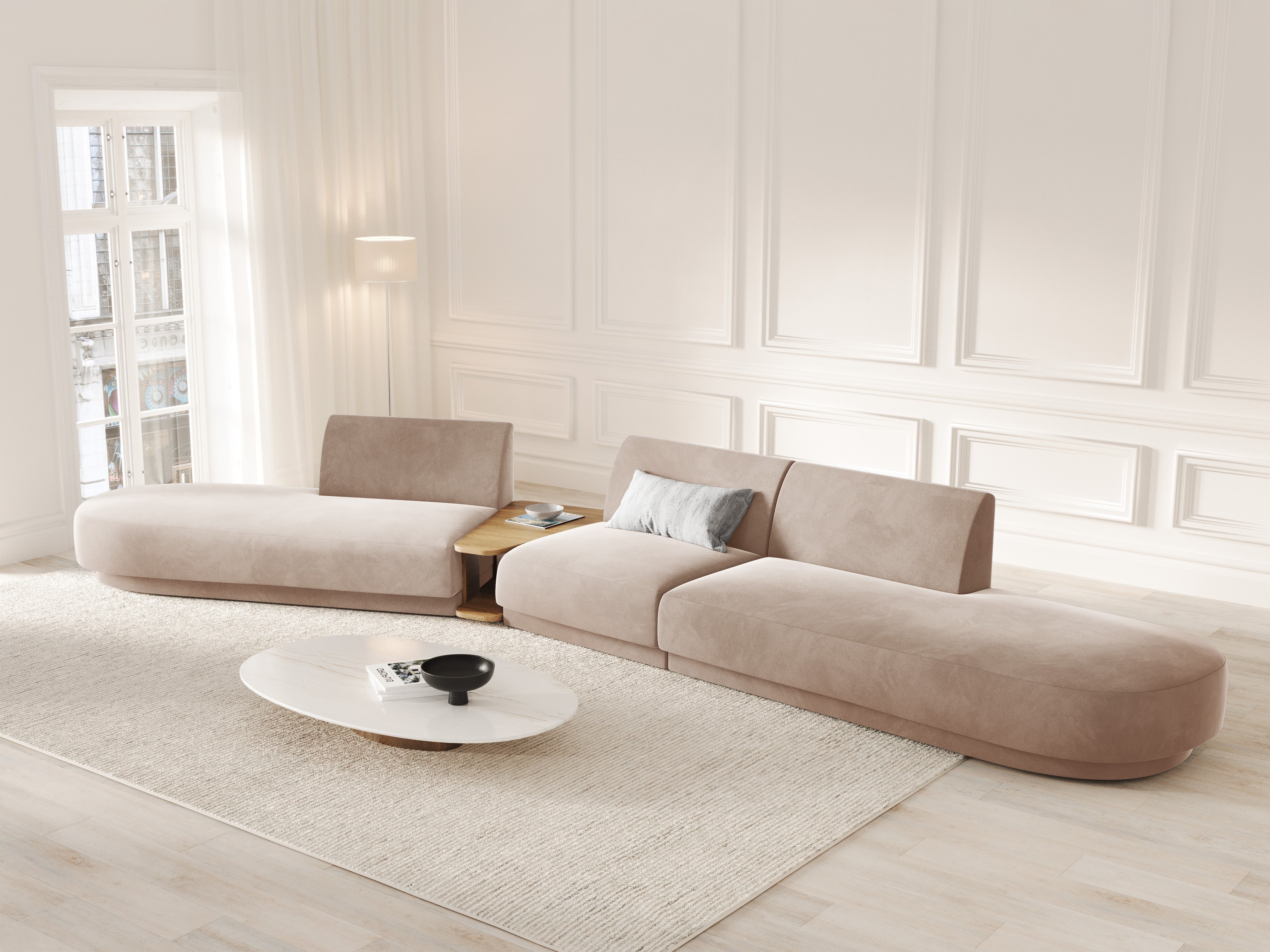 Left-sided modular sofa with table, 5-seater, velvet MILEY cappuccino