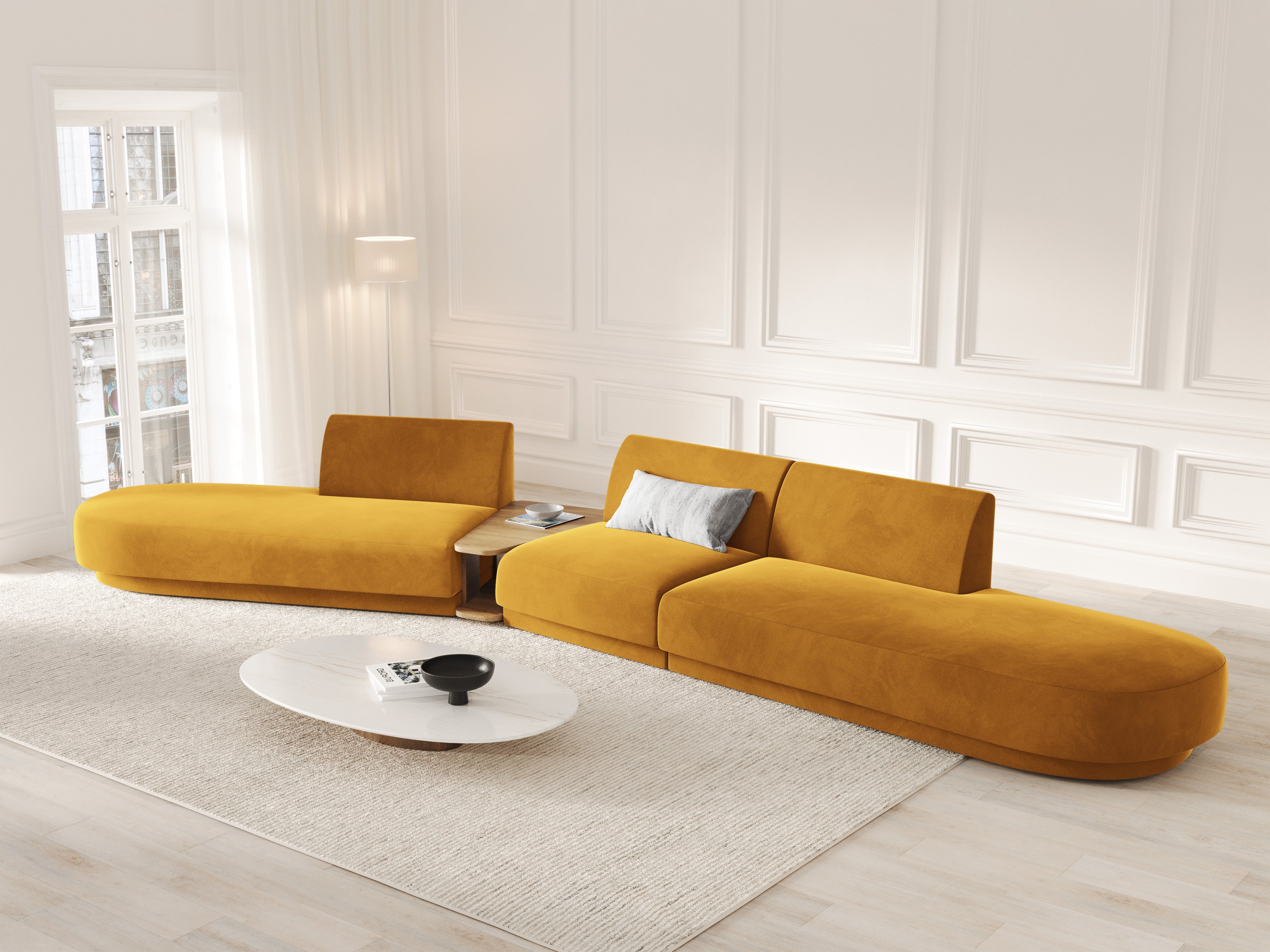 Modulares Sofa links mit Tisch, 5-sitzig, samt MILEY, gelb