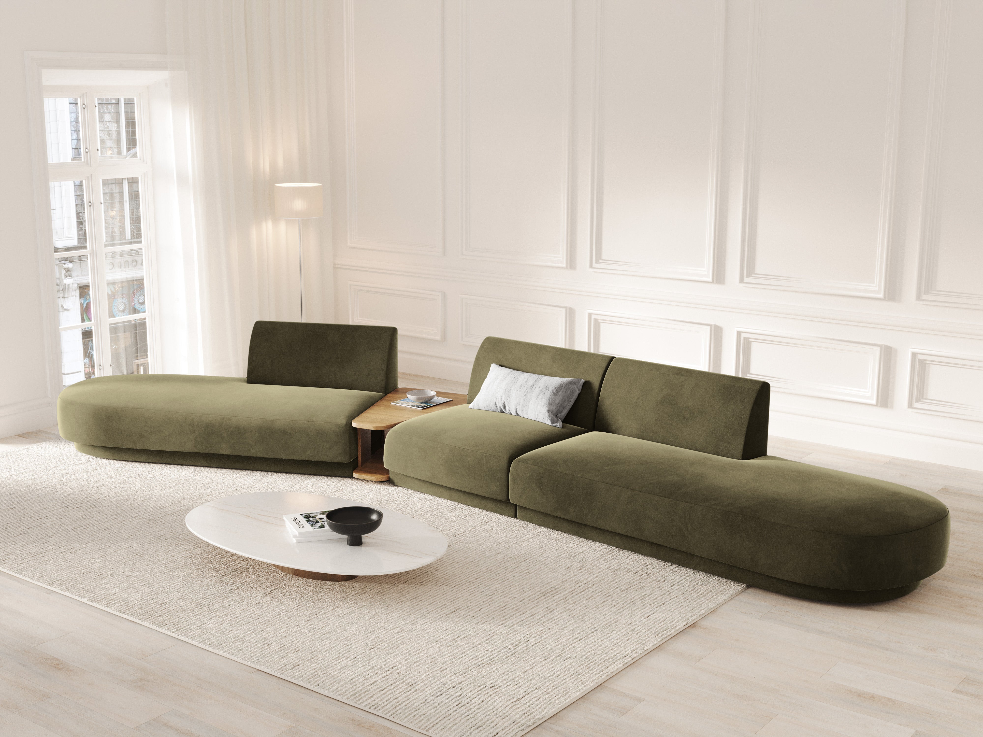 Modulares Sofa links mit Tisch, 5-sitzig, samtig, MILEY, grün