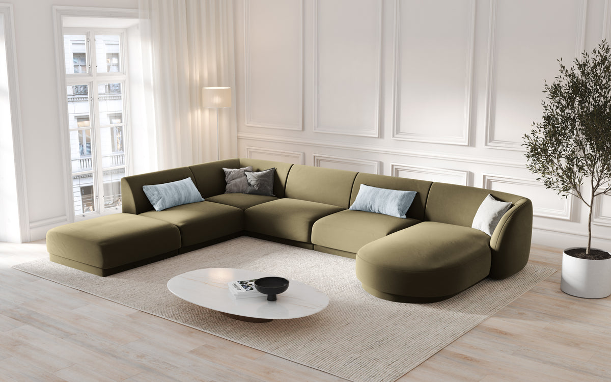 Velvet 6-seater right-facing U-shaped MILEY corner sofa in chocolate