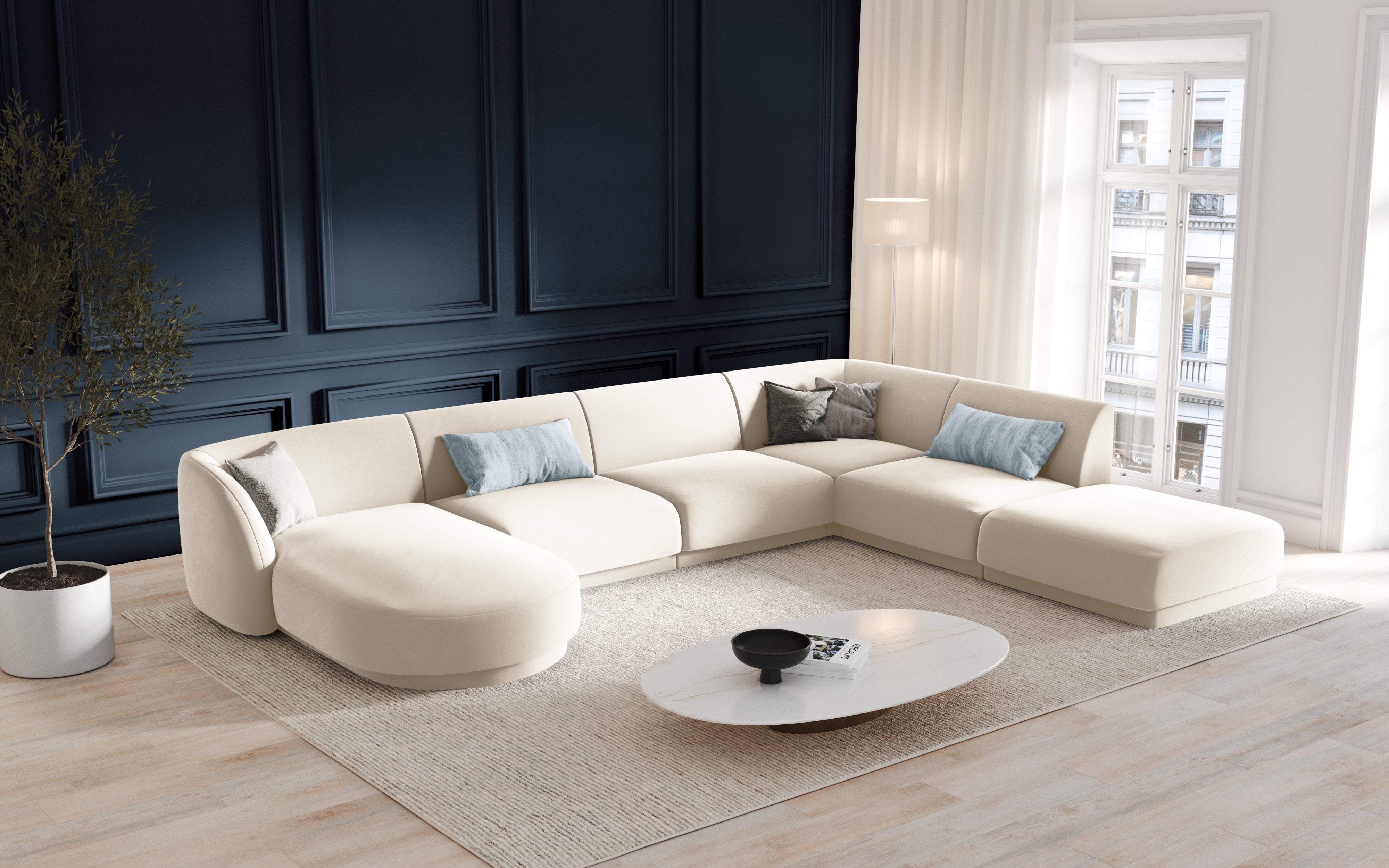 Left-facing modular sofa for 6 people in velvet MILEY light beige