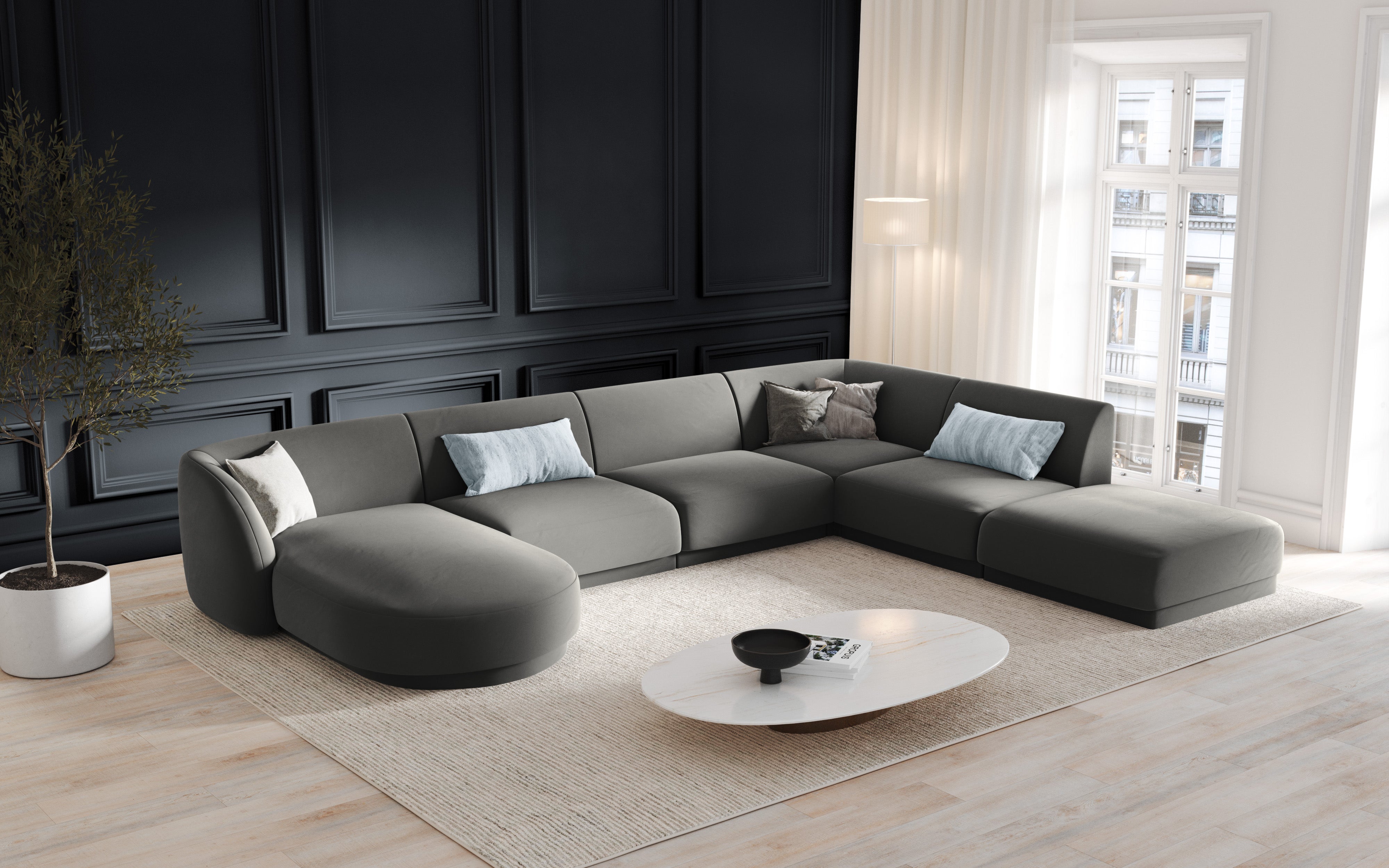 Left-facing modular sofa for 6 people in light gray velvet MILEY