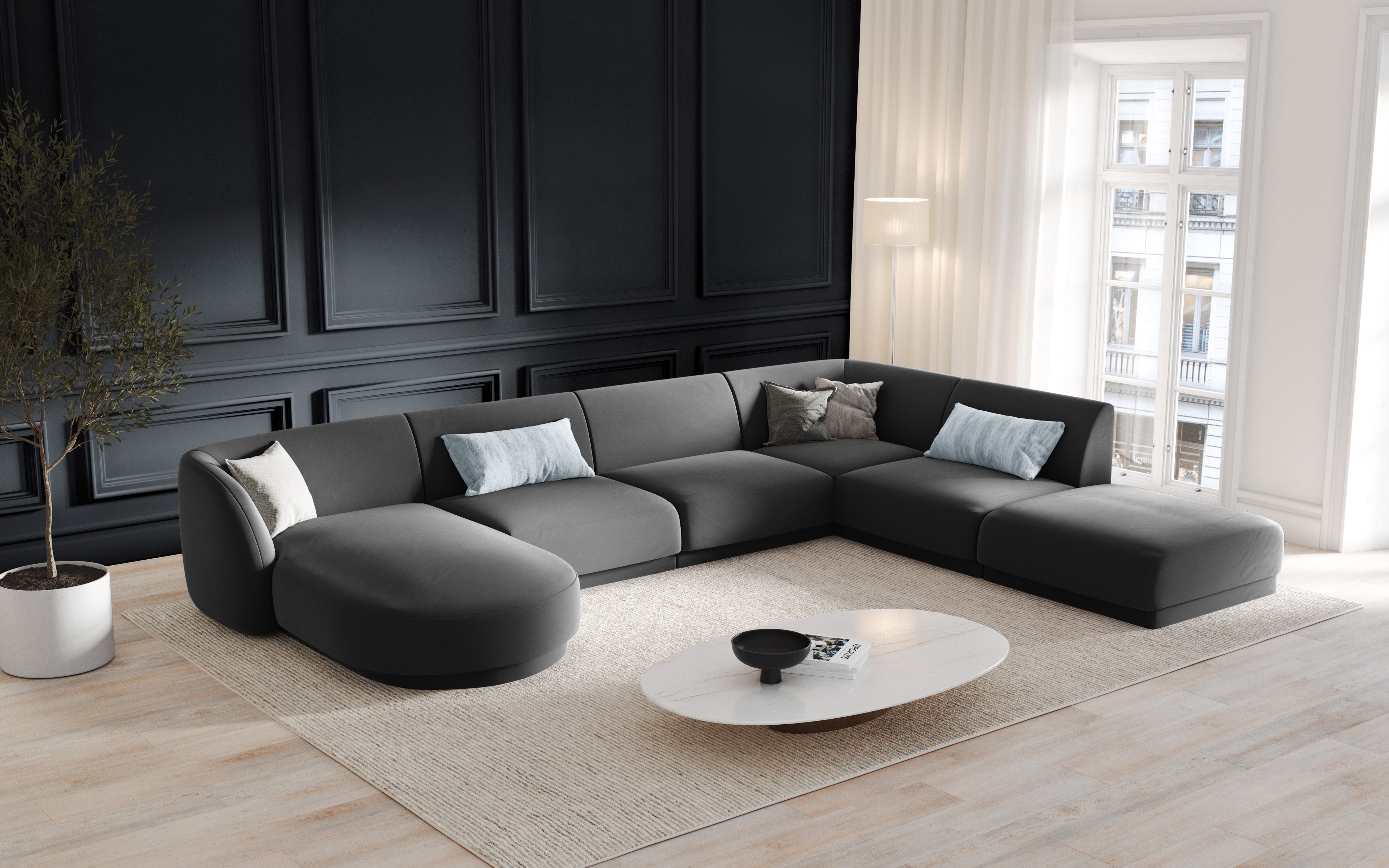 Left-facing modular velvet sofa for 6 people MILEY gray