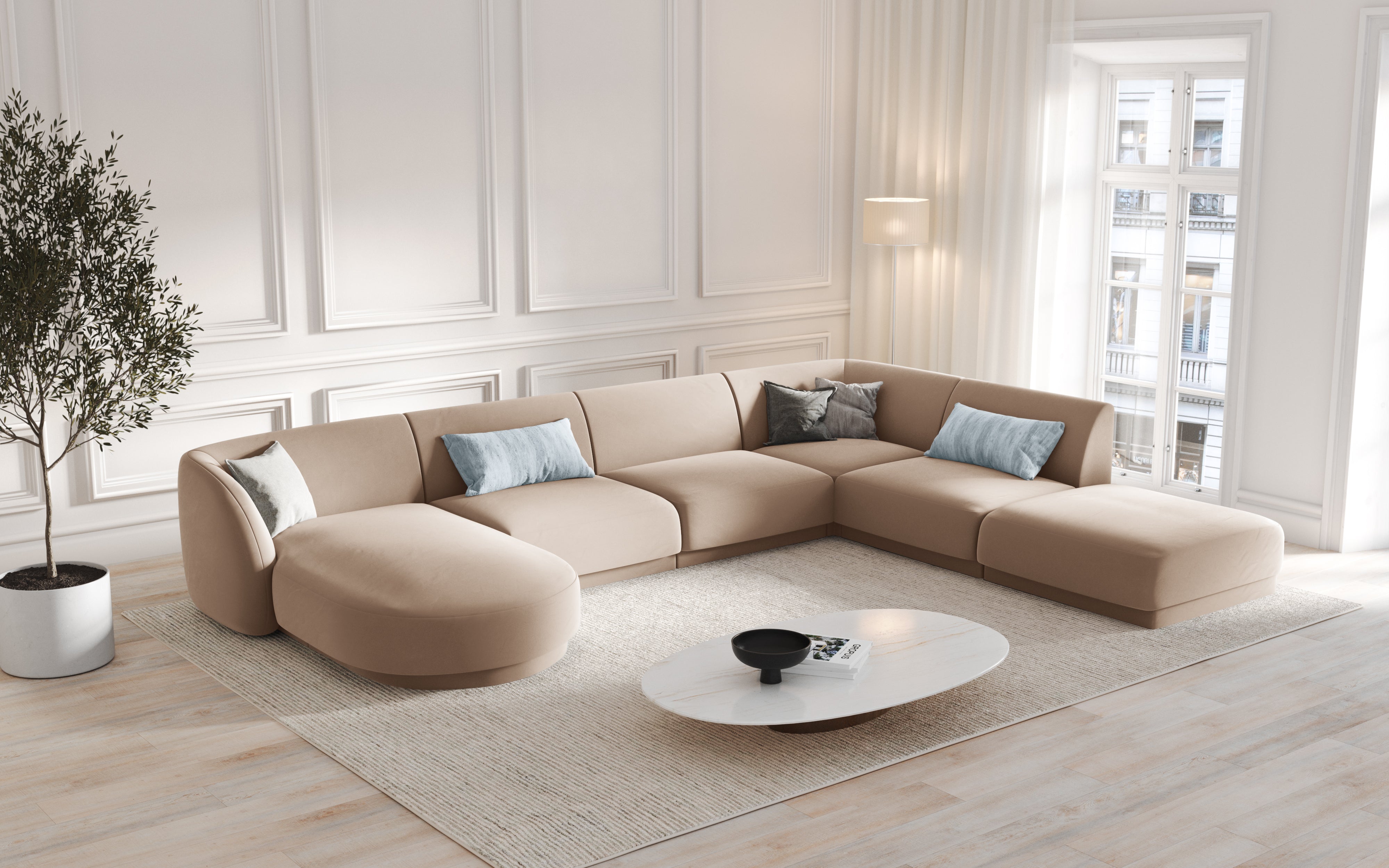Left-sided modular sofa for 6 people in velvet MILEY cappuccino