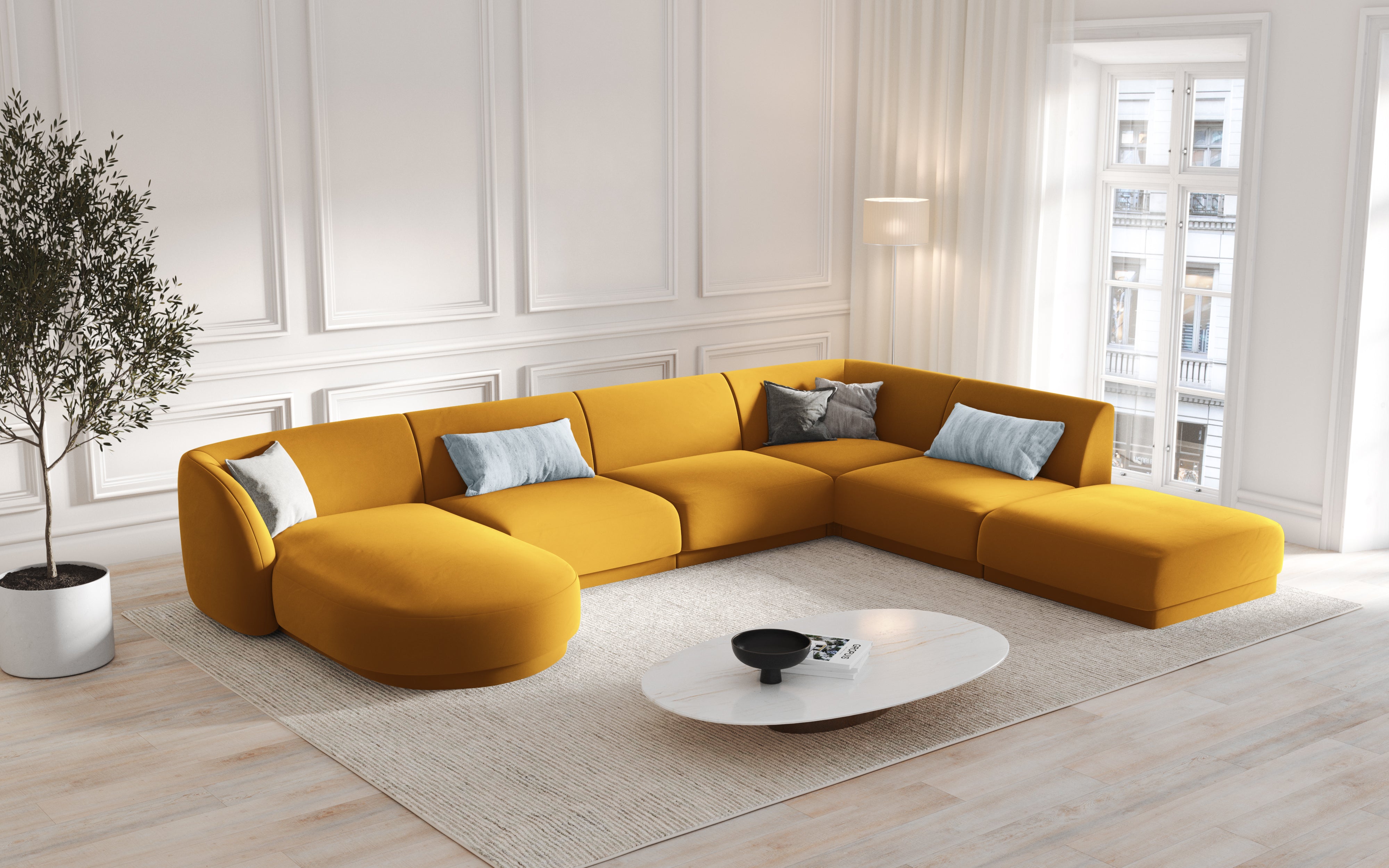 Left-facing modular sofa for 6 people in velvet MILEY yellow