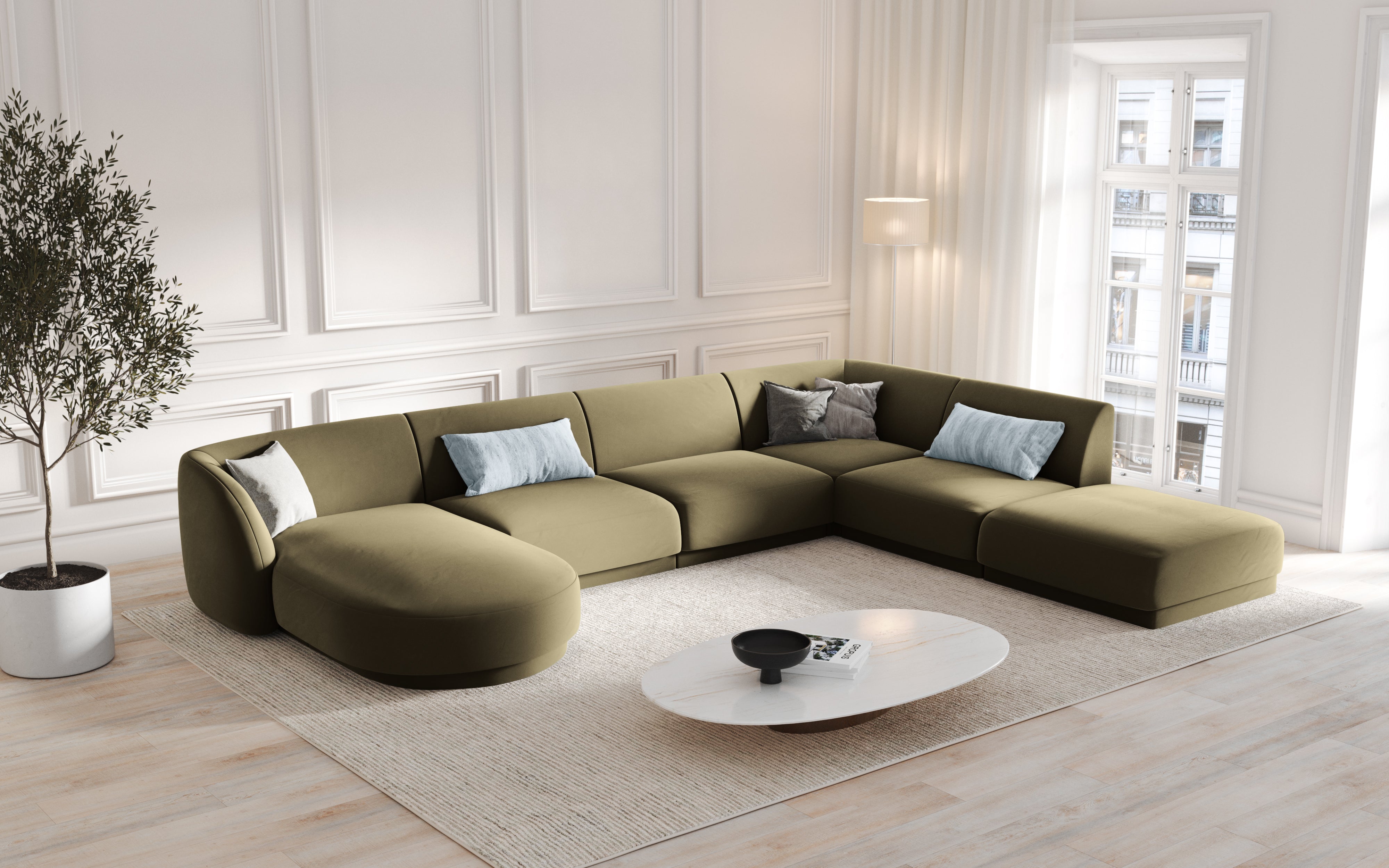 Left-facing modular velvet sofa for 6 people MILEY green