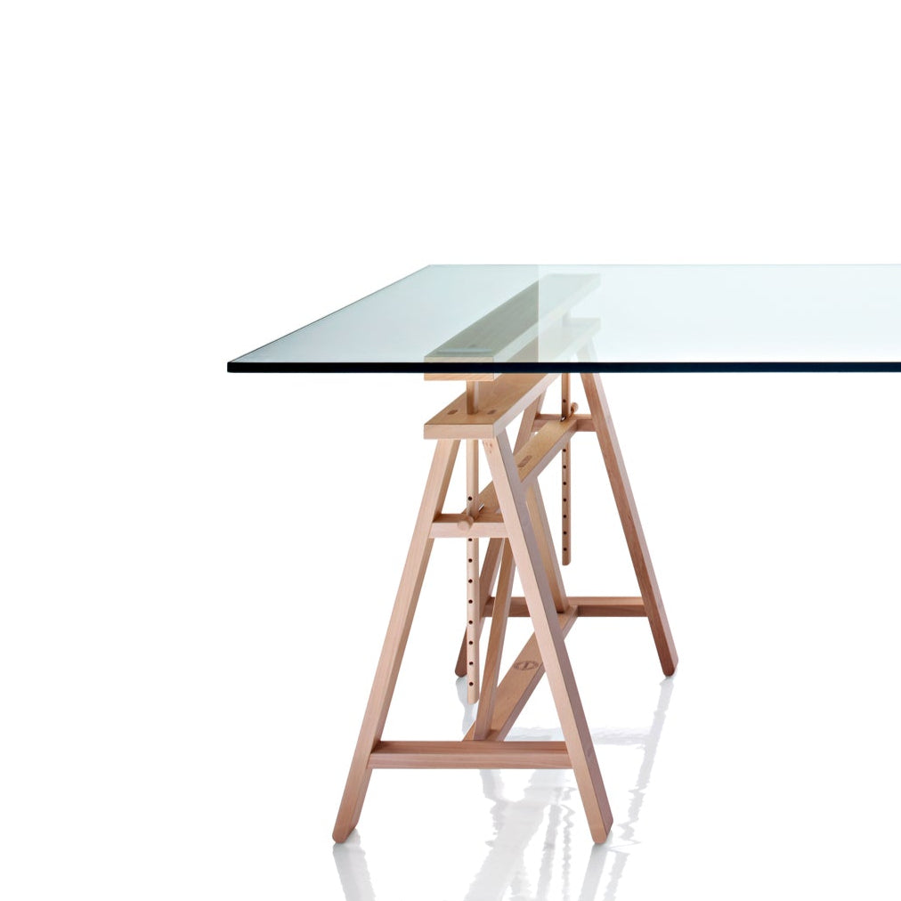 TEATRO adjustable table with a glass top and wooden base