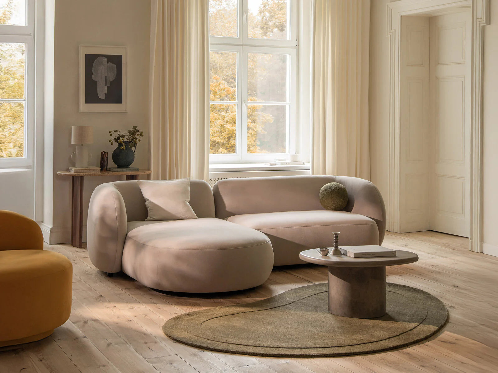 Left-facing velvet corner sofa for 4 people KATE light gray