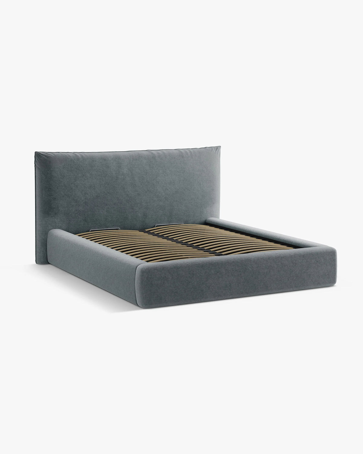KAELLE bed with storage for bedding in graphite chenille
