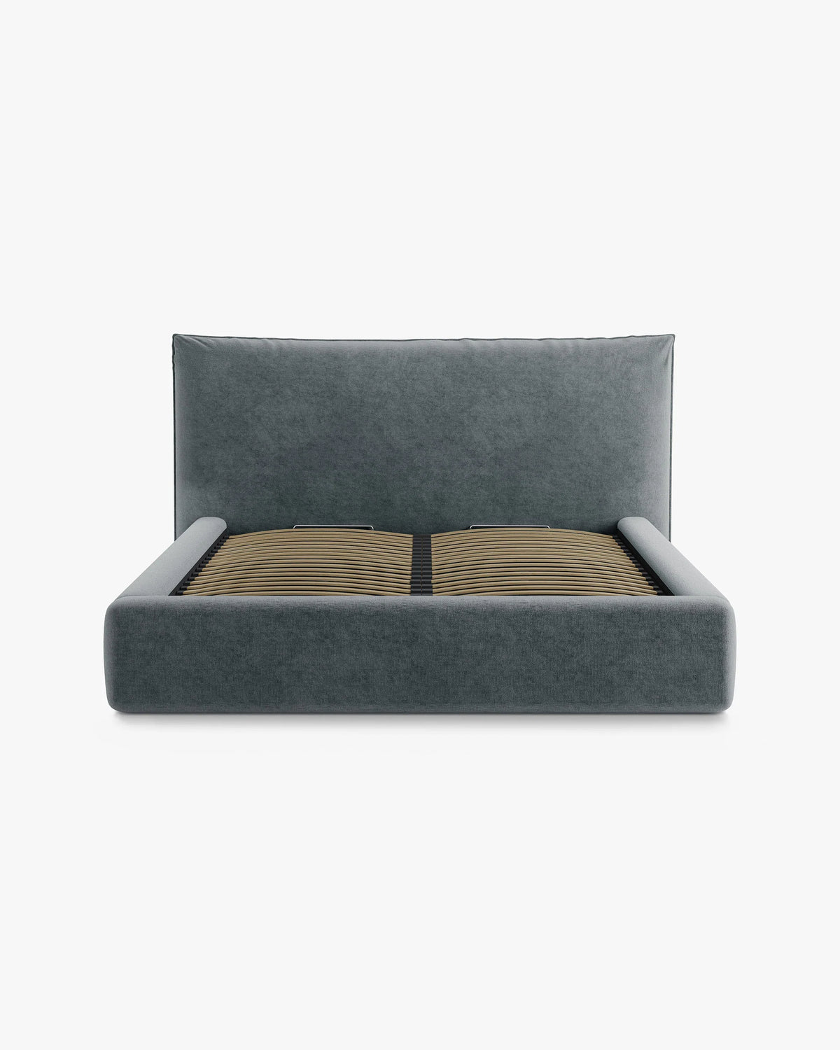 KAELLE bed with storage for bedding in graphite chenille