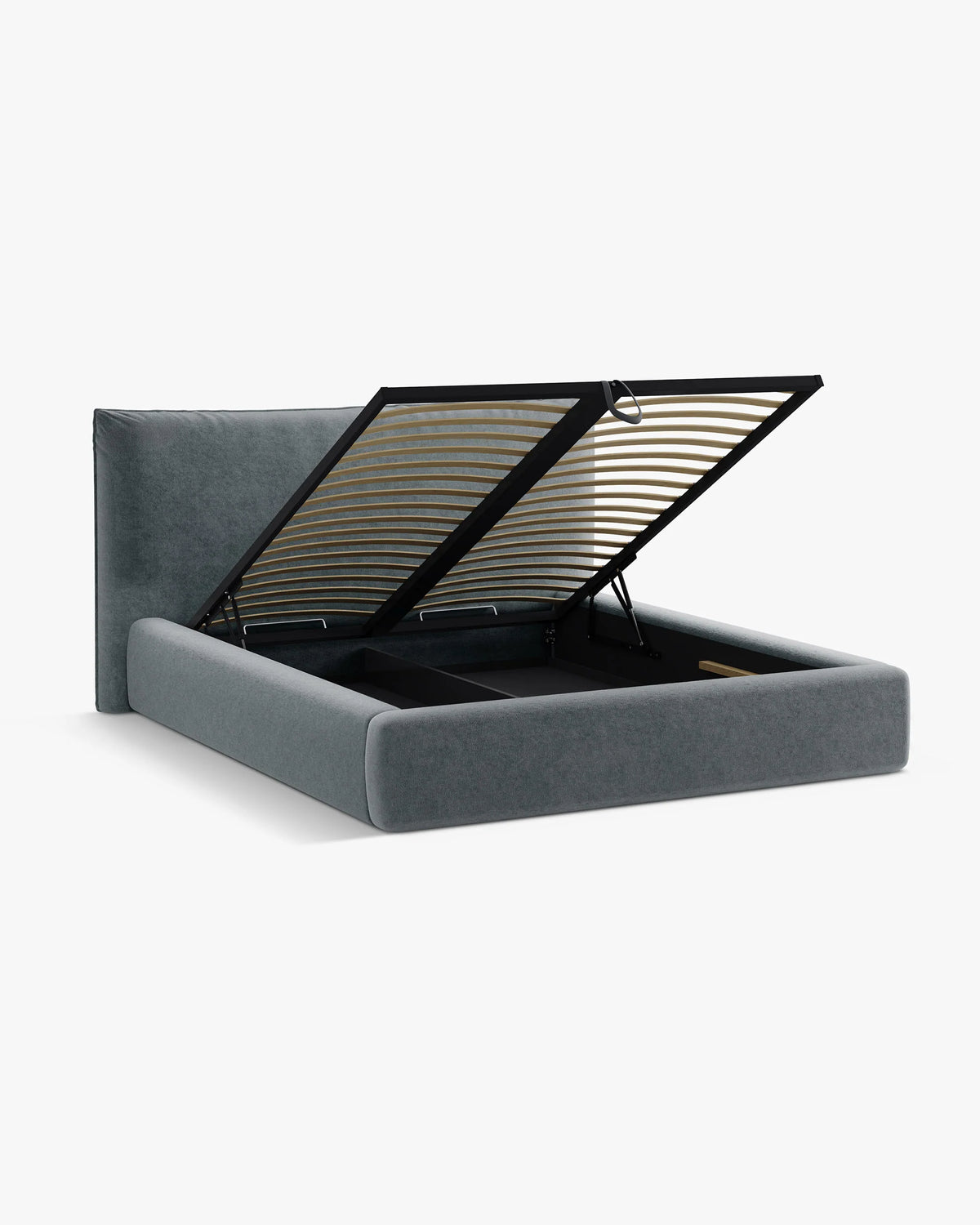 KAELLE bed with storage for bedding in graphite chenille