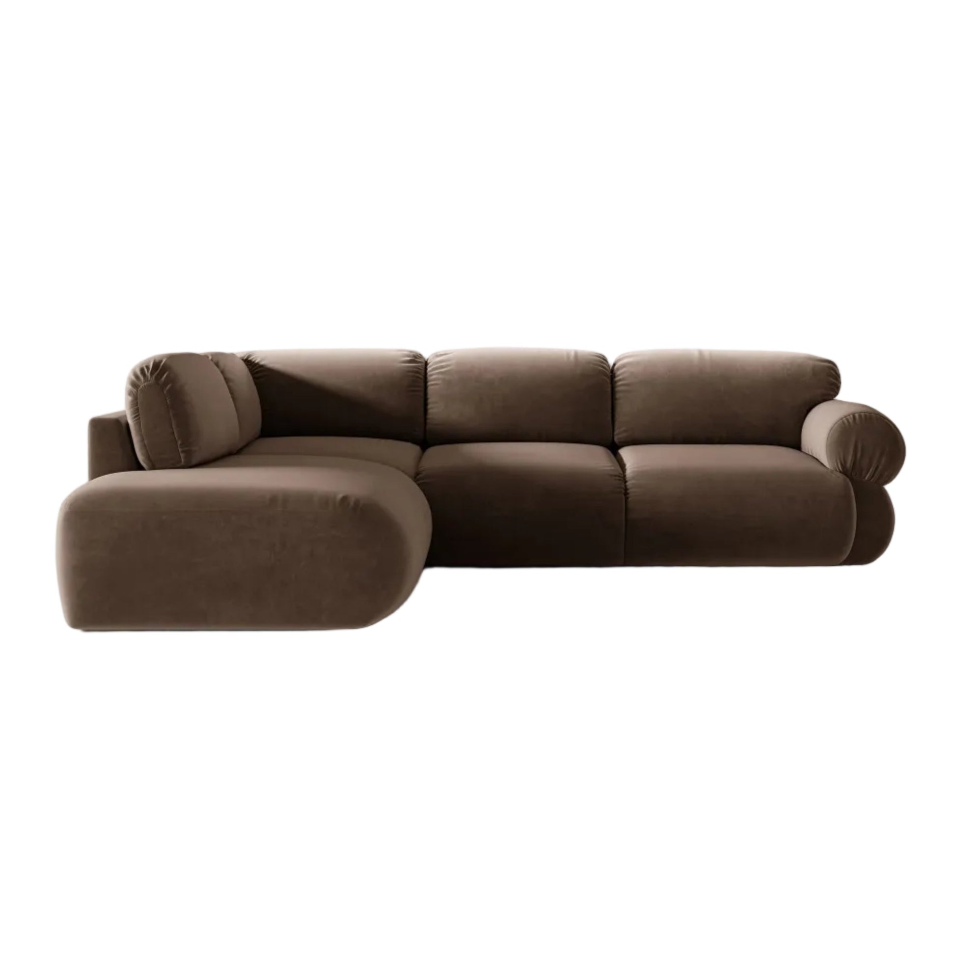 Velvet left-facing corner sofa OPHELIA in chocolate.