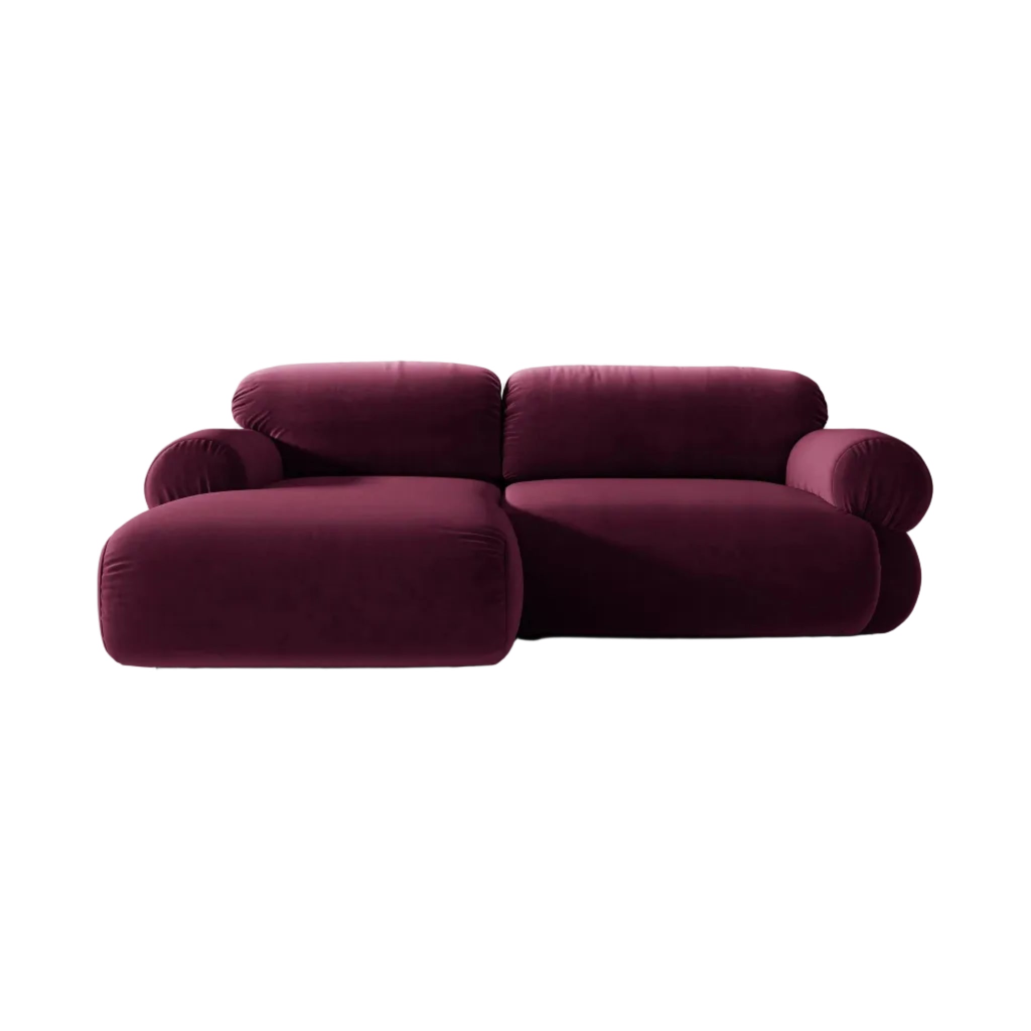 Left-facing velvet 2-seater corner sofa OPHELIA in burgundy