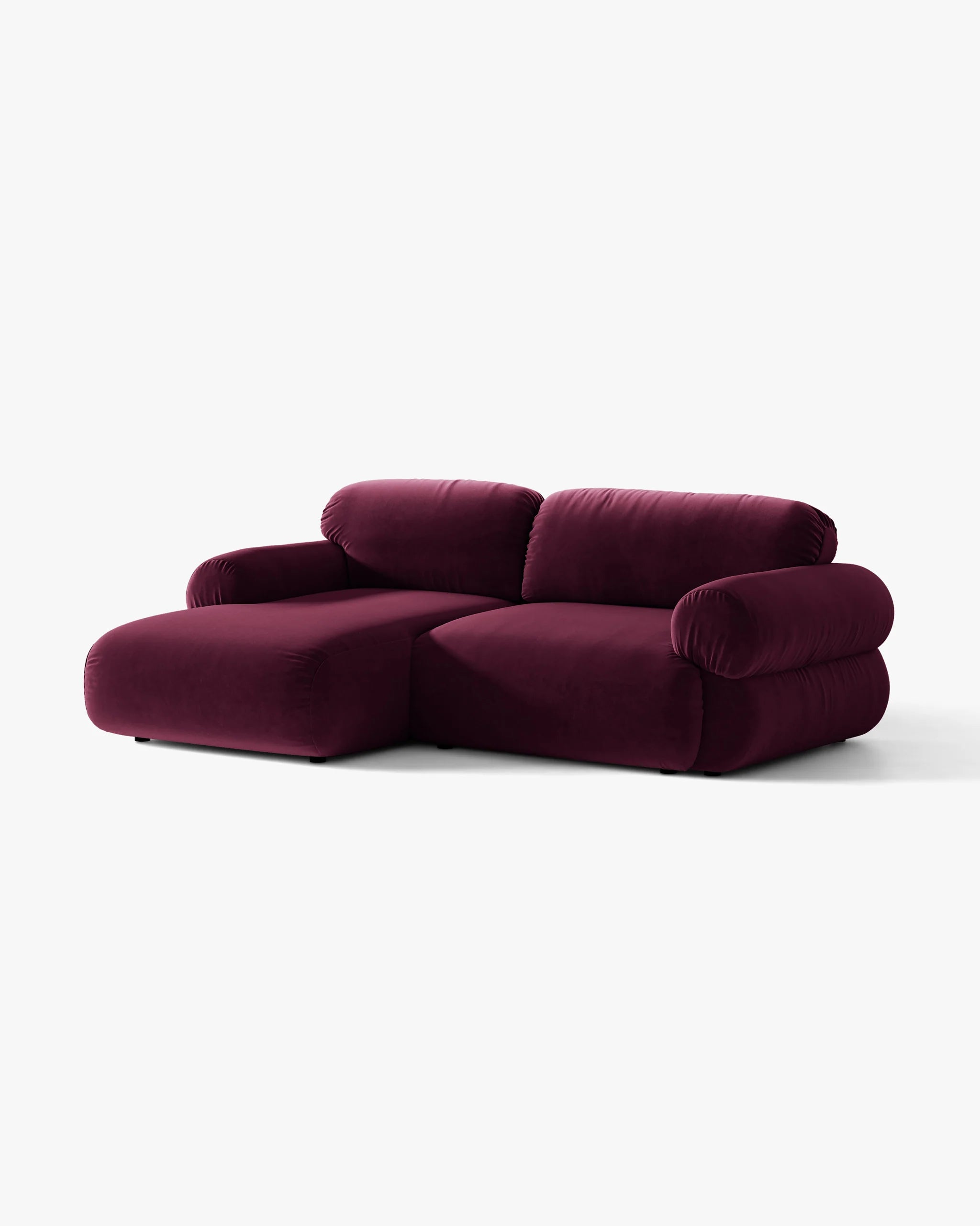 Left-facing velvet 2-seater corner sofa OPHELIA in burgundy