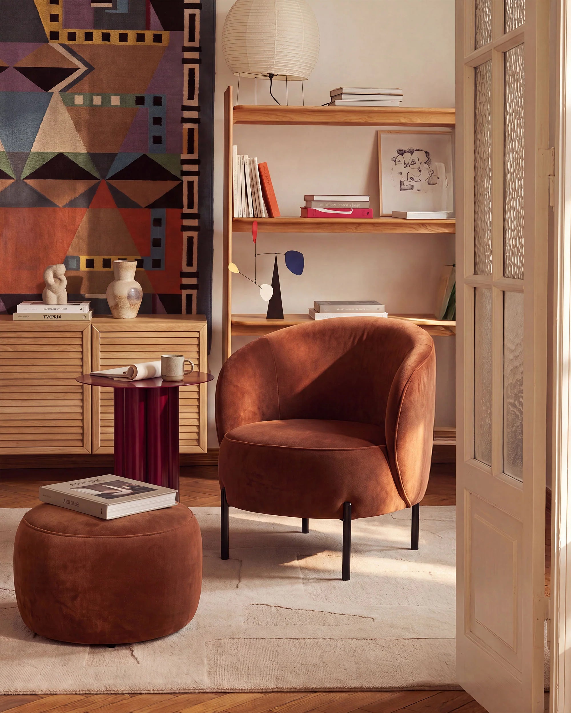 Velvet pouf AMALTA in brick red