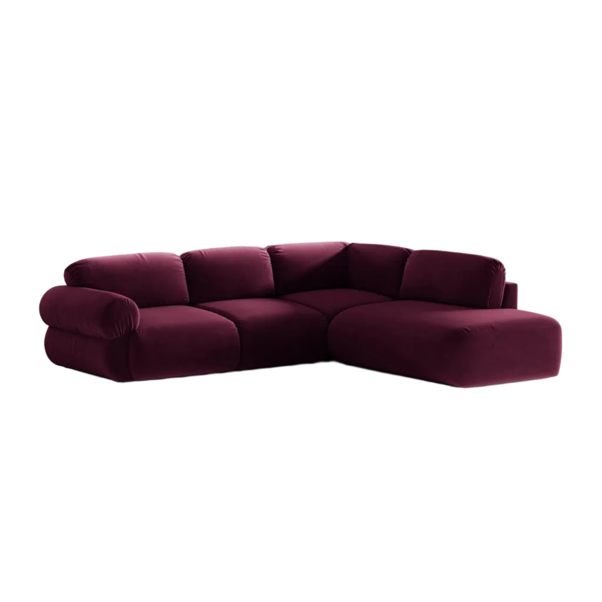 Right-facing velvet corner sofa OPHELIA in burgundy