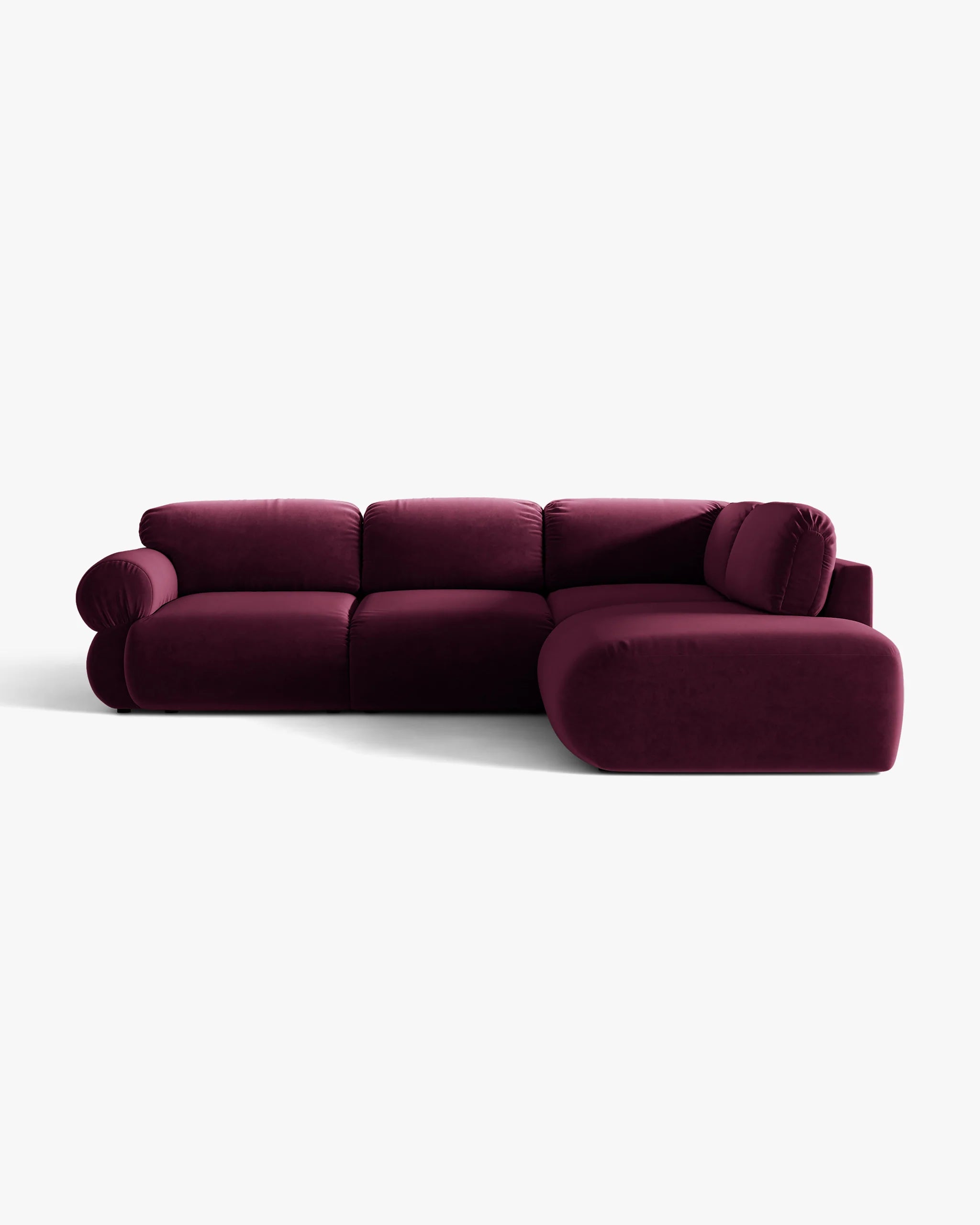Right-facing velvet corner sofa OPHELIA in burgundy