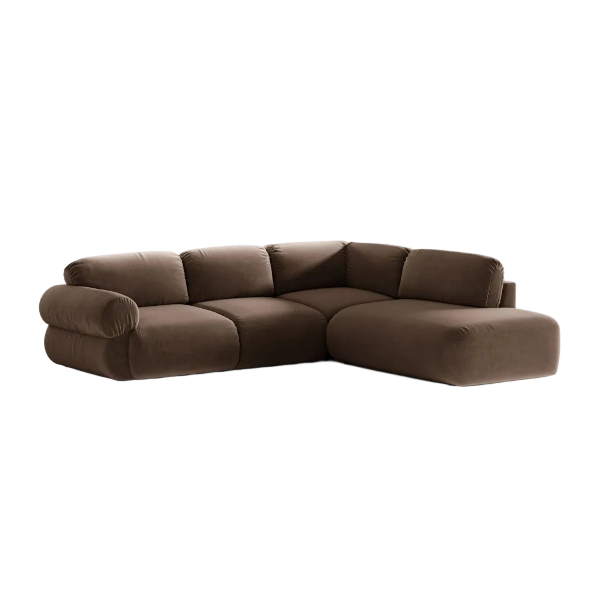 Right-facing velvet corner sofa OPHELIA in chocolate.