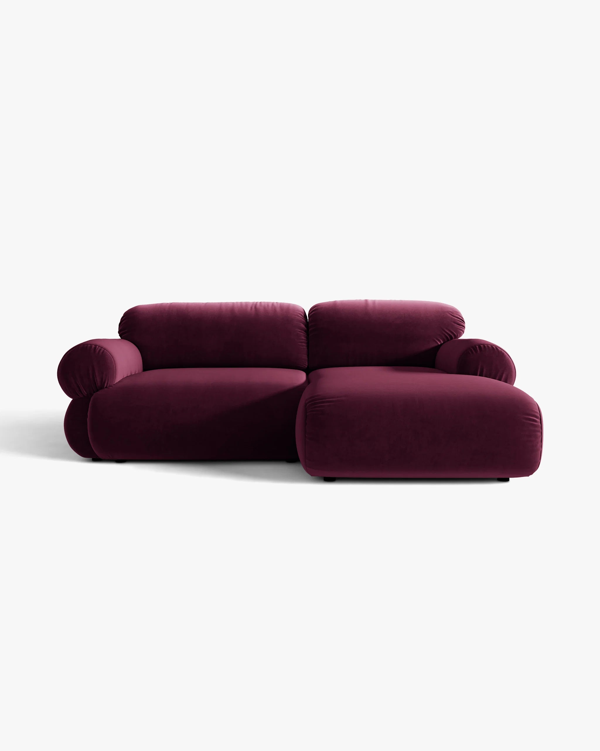 Right-facing velvet 2-seater corner sofa OPHELIA in burgundy