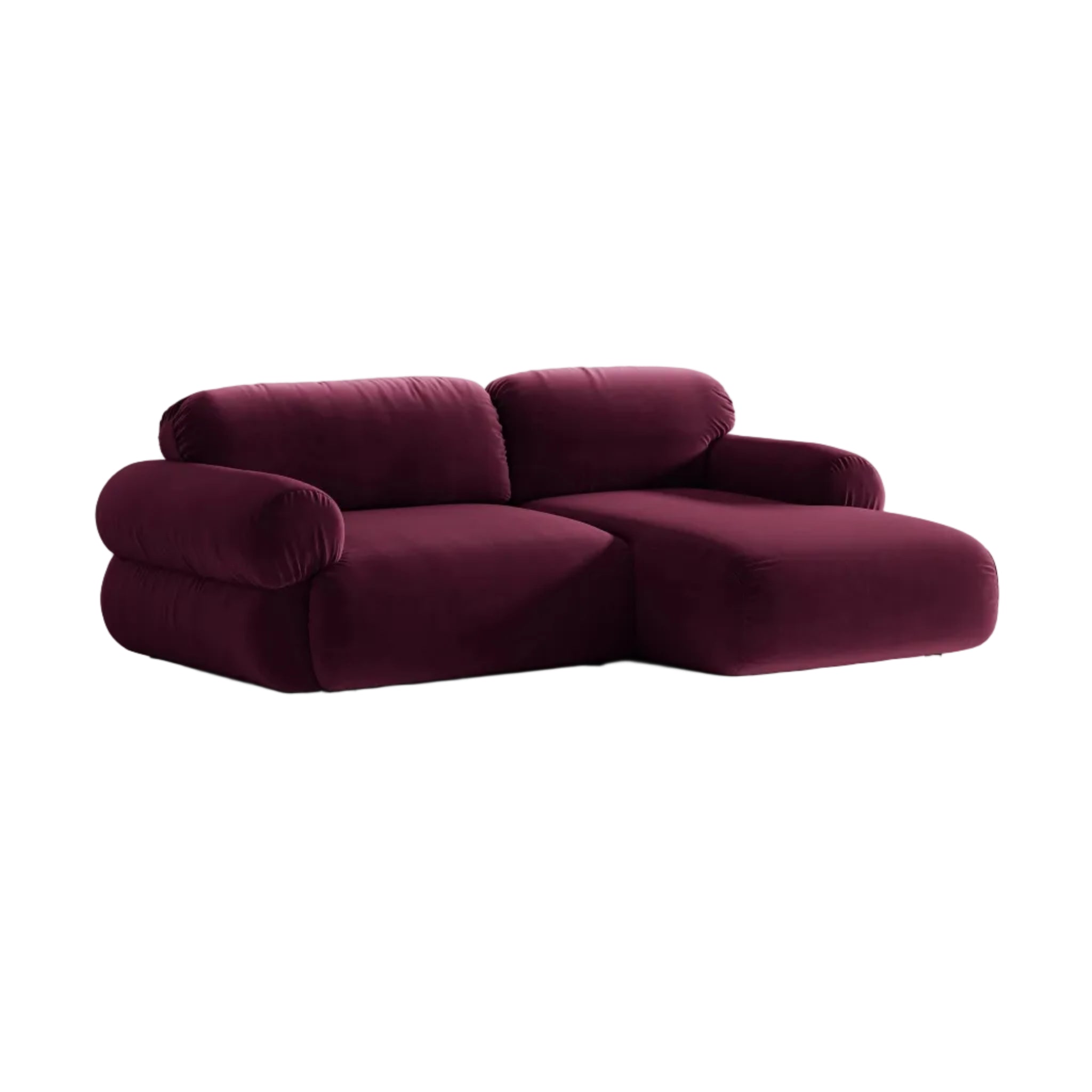 Right-facing velvet 2-seater corner sofa OPHELIA in burgundy