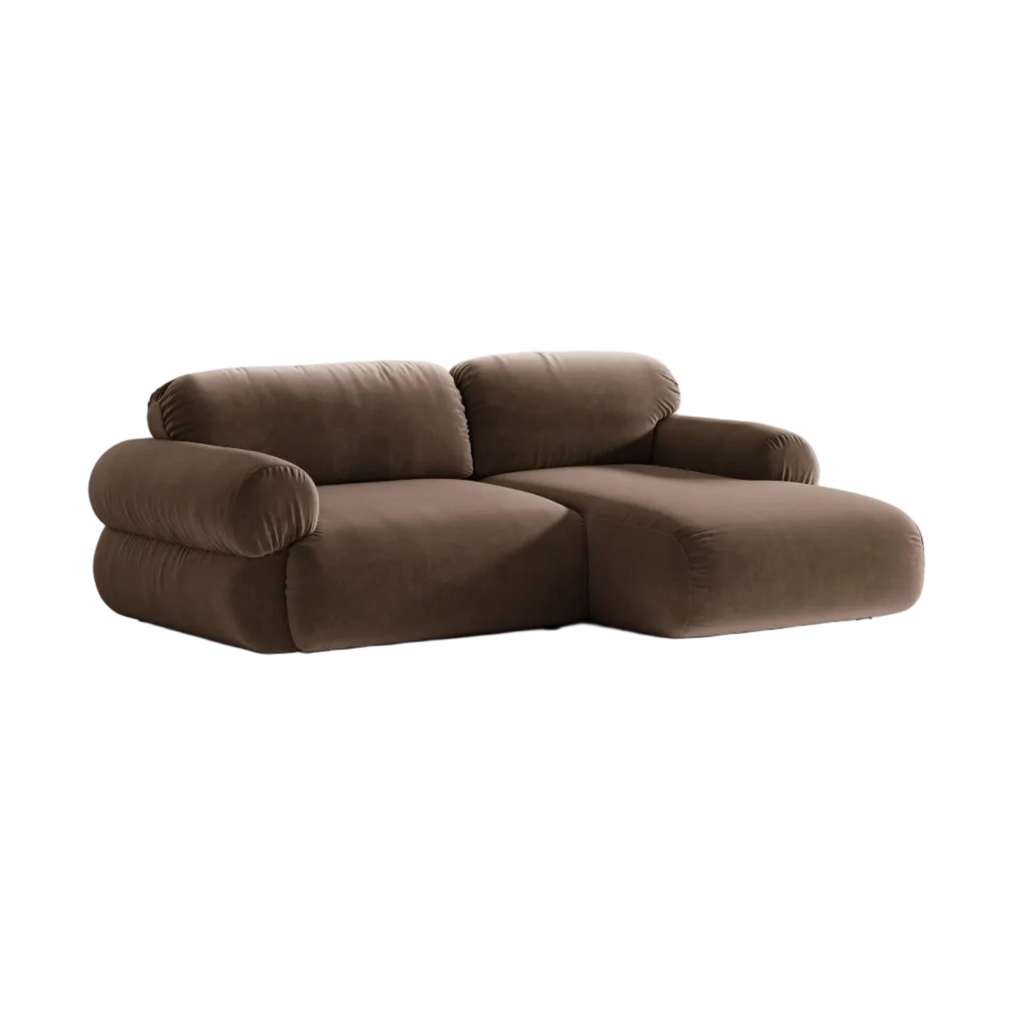 Right-facing velvet 2-seater corner sofa OPHELIA in chocolate.