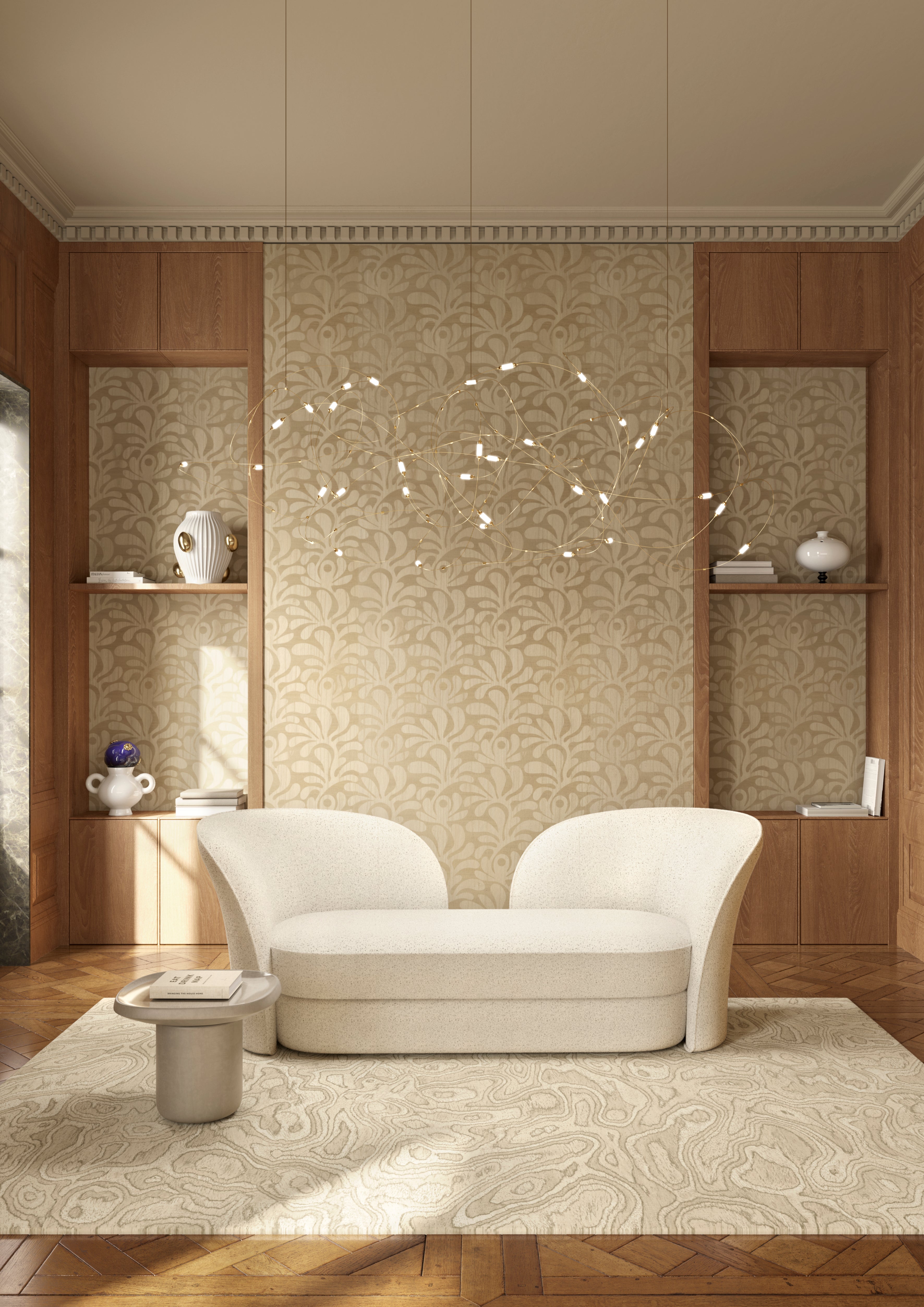 Woodblock Beetle Fern Beige Wallpaper with Plant Leaf Motif